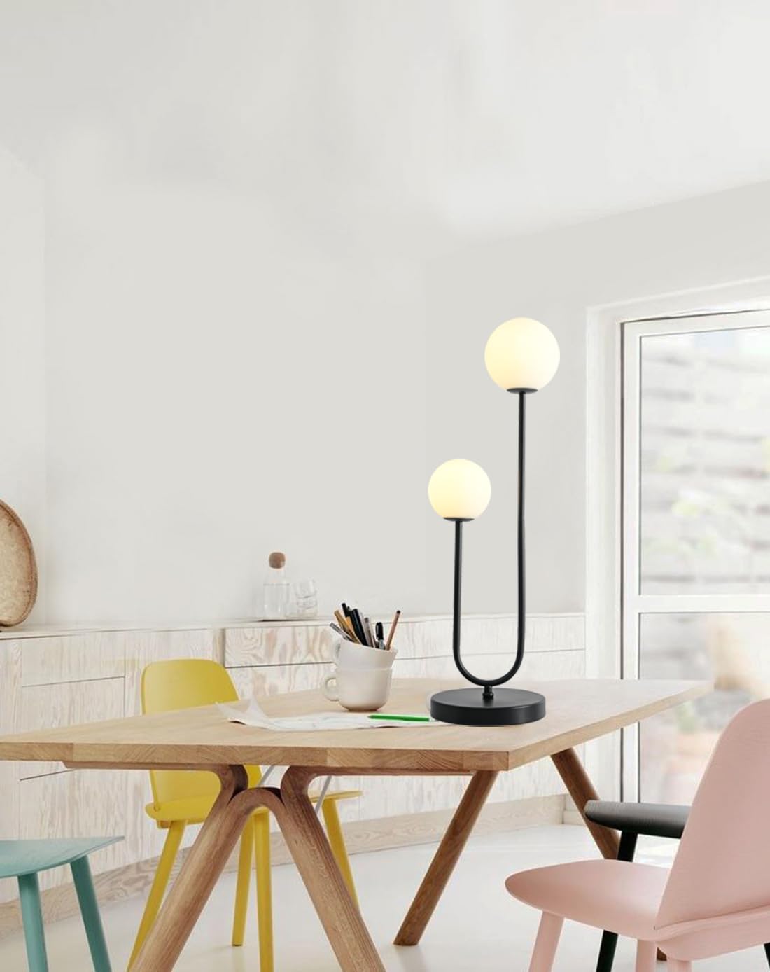 AMARTIZ Black U-Shape 2-Light Table Lamp, Mid Century Design with Milk White Glass Shade, Model T3000-BK for Bedroom Nightstand