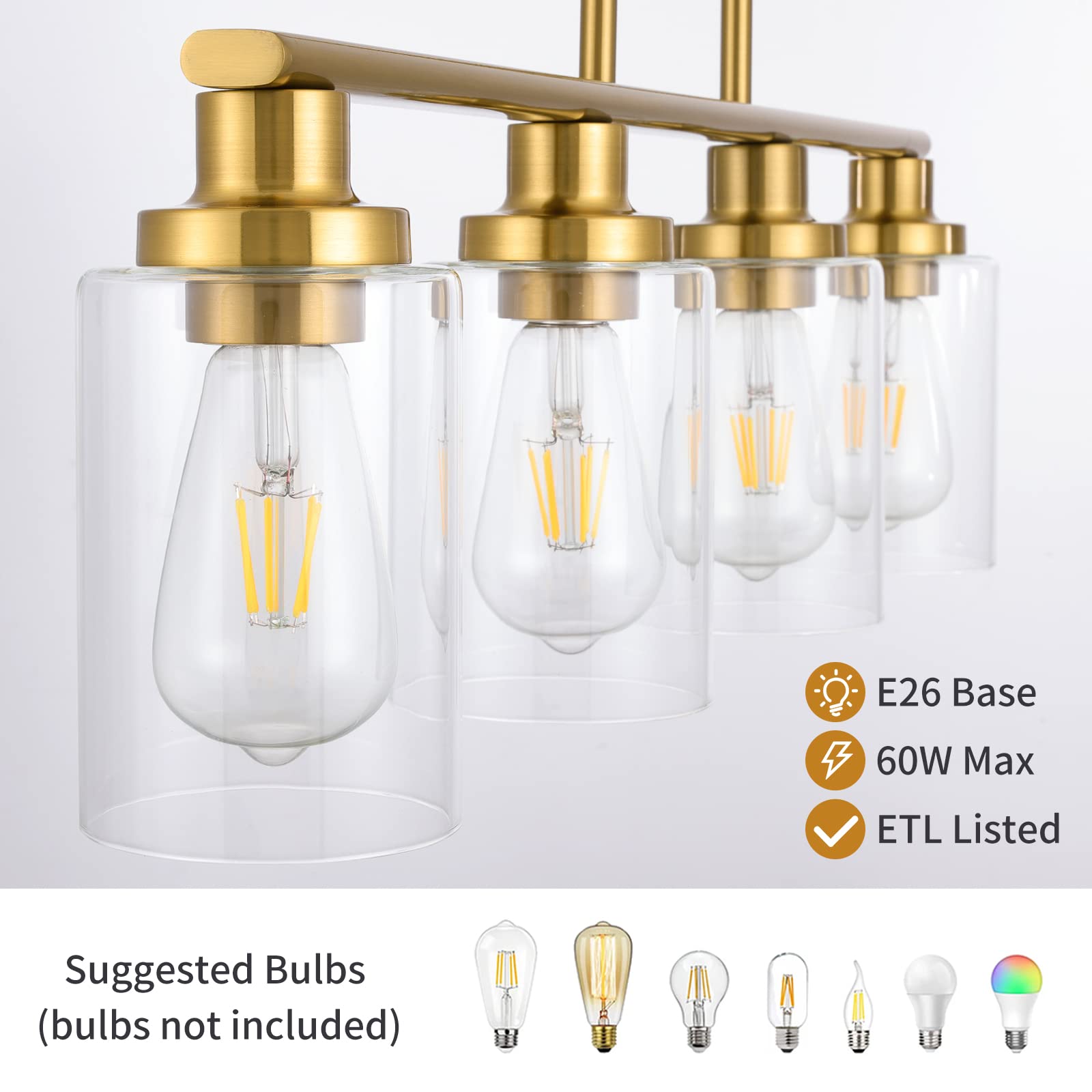 KPIOK 4-Light Gold Linear Chandelier - Adjustable Kitchen Island Pendant Light with Clear Glass Shade, Model BB003P-4AGB