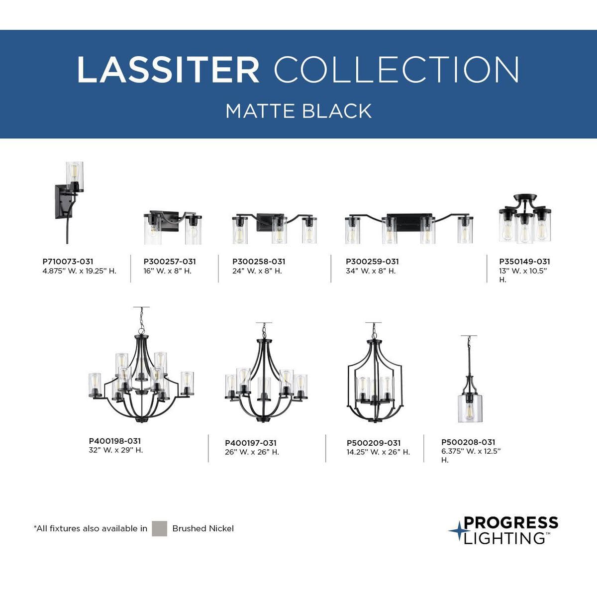 Progress Lighting Lassiter Collection 9-Light Clear Glass Modern Chandelier Light Matte Black, 29.00X32.00X32.00