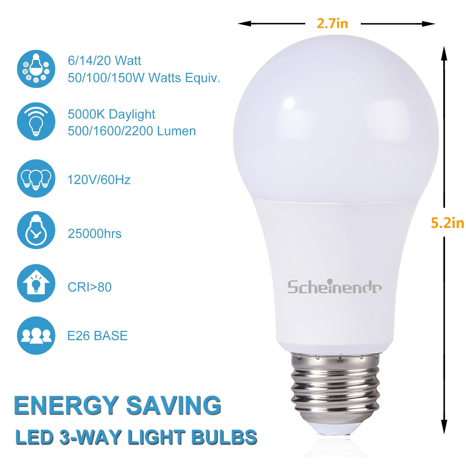 Scheinenda 3-Way Led Light Bulbs A21, 50 100 150 Watt Equivalent, Perfect For Reading, 5000K Daylight, Indoor Standard E26 Bulb,