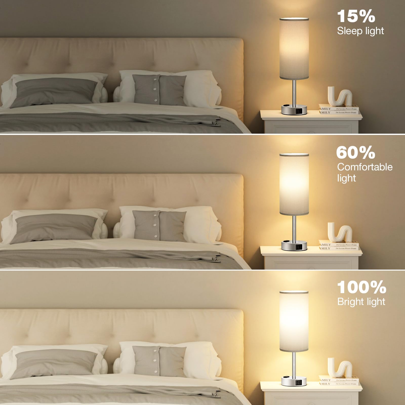 Fenmzee Grey Nightstand Table Lamp For Bedroom - 3 Way Dimmable Bedside Lamp Usb C A Charging Ports And Ac Outlet, Small Table L