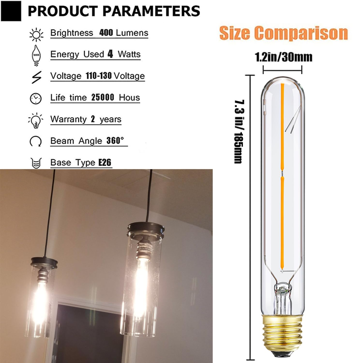 T10 Led Tubular Bulb,E26 Dimmable Long Led Bulbs,6W Equal 60 Watt, 2700K Warm White,7.3In Led Edison Tube Bulb,T10 Amber Glass C