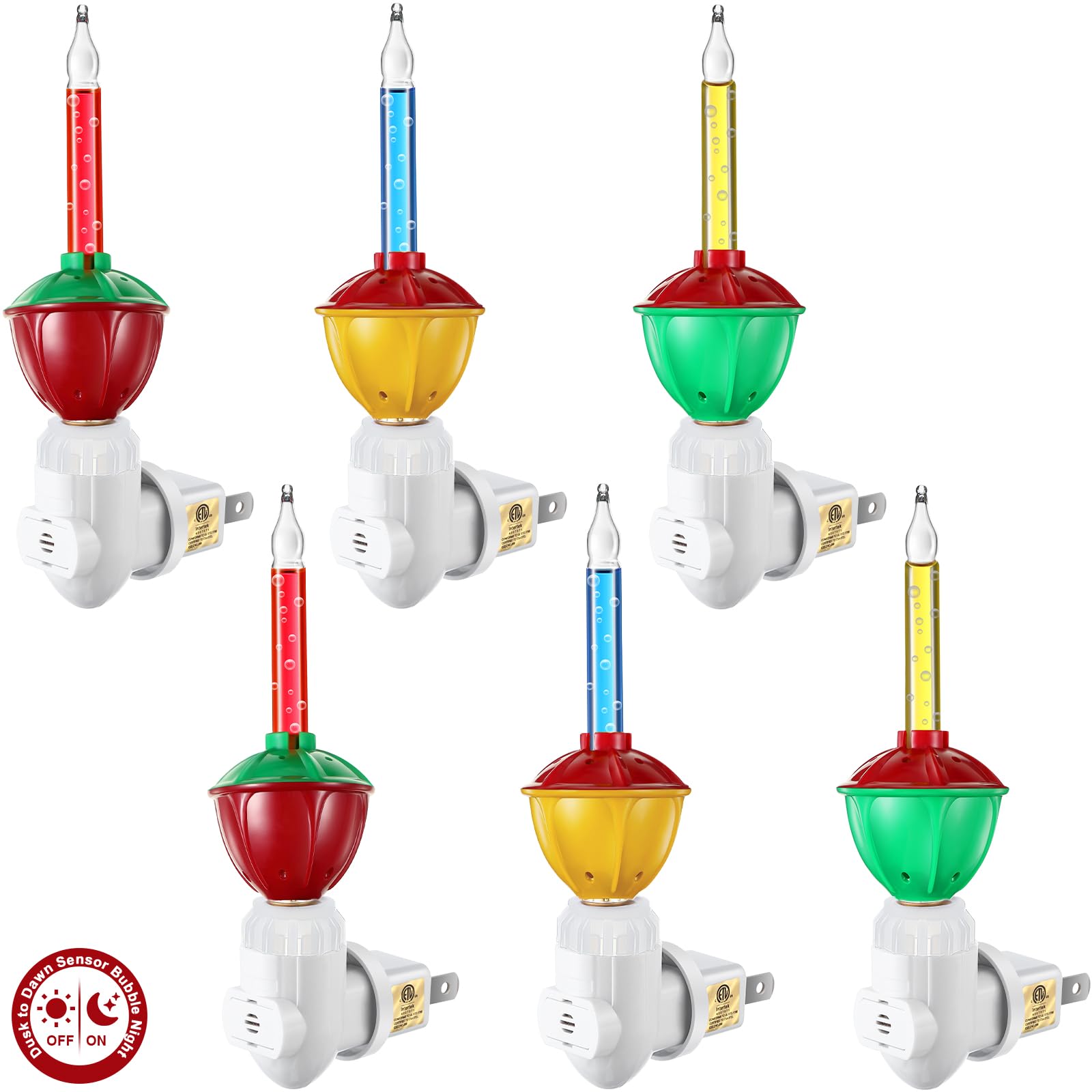 Feekoon 6 Pack Christmas Bubble Night Light with Dusk to Dawn Sensor, Traditional Multi Color Bubble Fluid Lights, Christmas Bub
