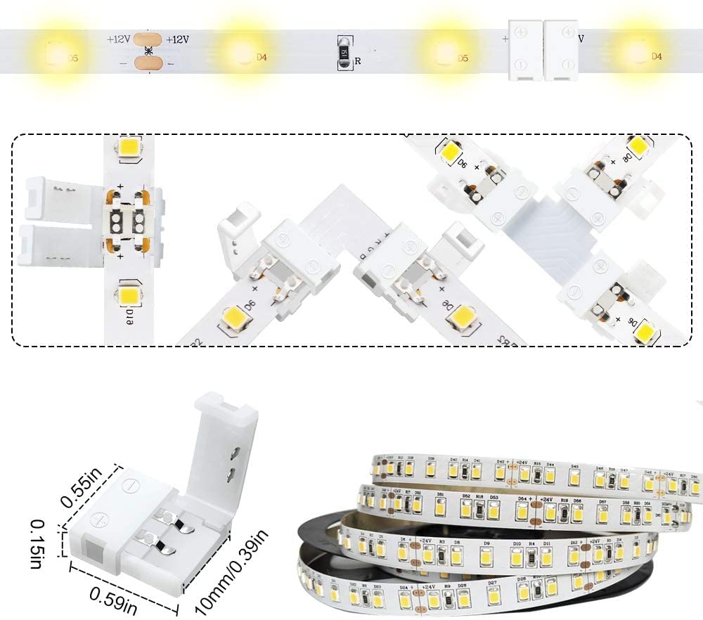 Lightingwill 2 Pin Led Strip Light Connector Kit, 10Mm Solderless Adapter Connectors, Led Strip Accessories Set For 10Mm Wide 50