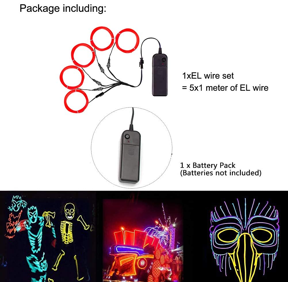 MaxLax Bright Red EL Wire, Noise Reduction Neon Lights Wire 5 in 1 Meter, Electroluminescent Wire for Halloween, Christmas Party
