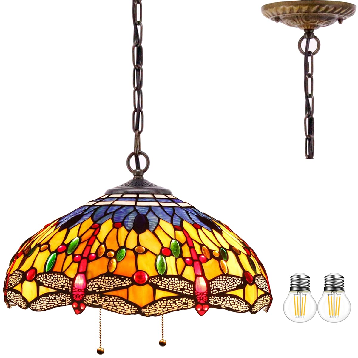 WERFACTORY Tiffany Pendant Light, 16in Wide, 40in Height, Stained Glass, Orange Blue Dragonfly S168 Series, Large Hanging Lamp