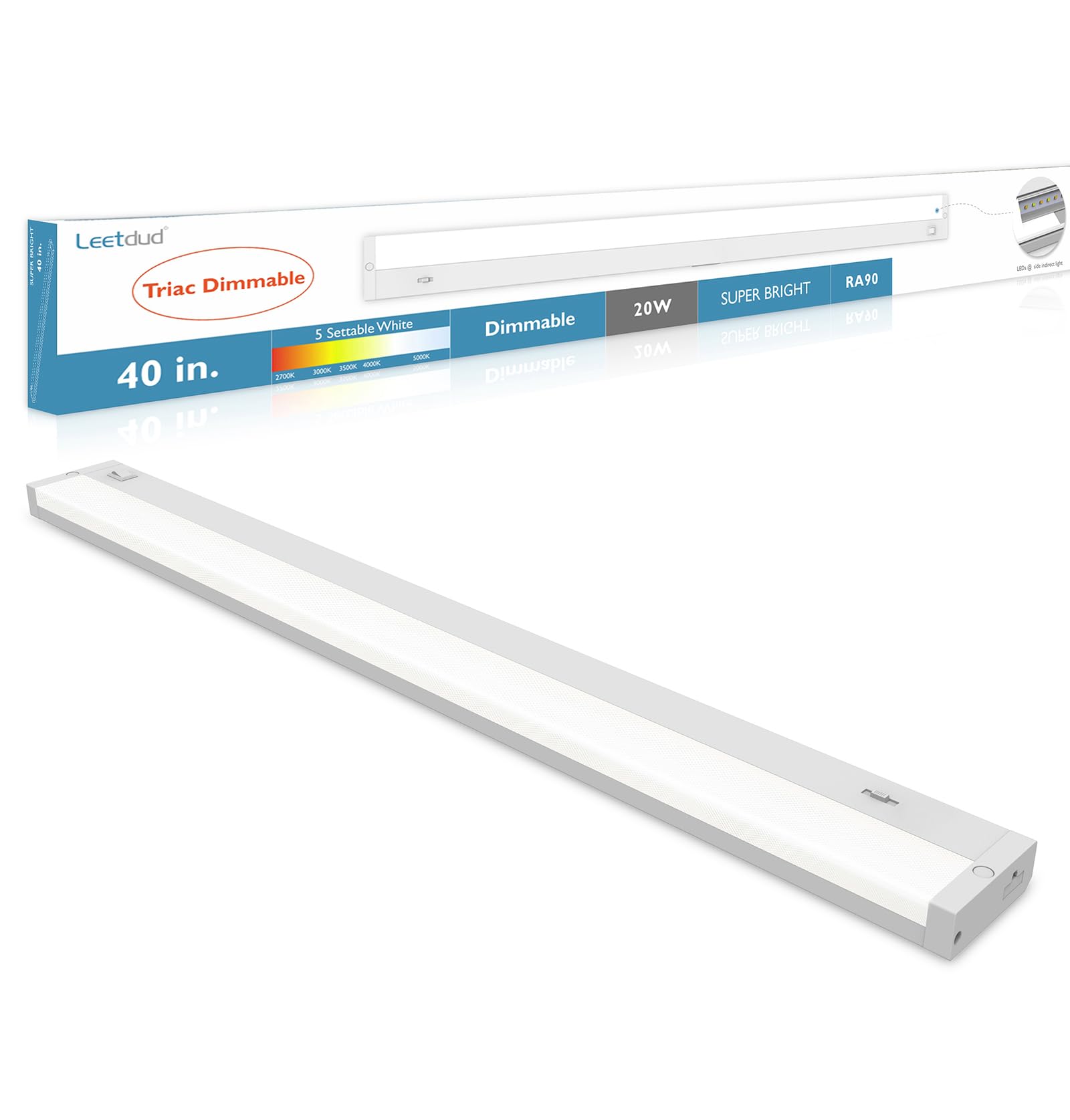 Leetdud LED Under Cabinet Lighting, 40 Inch, Dimmable 5 Color Options, Hardwired/Plug-in, White, Model AirKitPro4020WU-TPTC-D