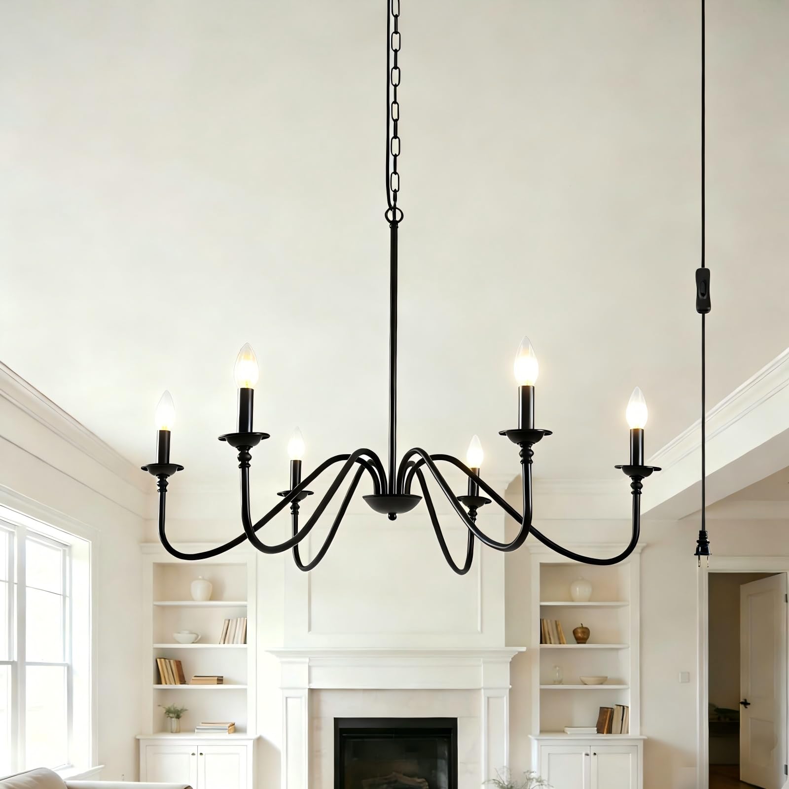 HOXIYA 34.6 Dimmable Plug in Chandelier Lighting with Cord, 6 Light Modern Farmhouse Chandelier for Dining Room, Retro Chandelie