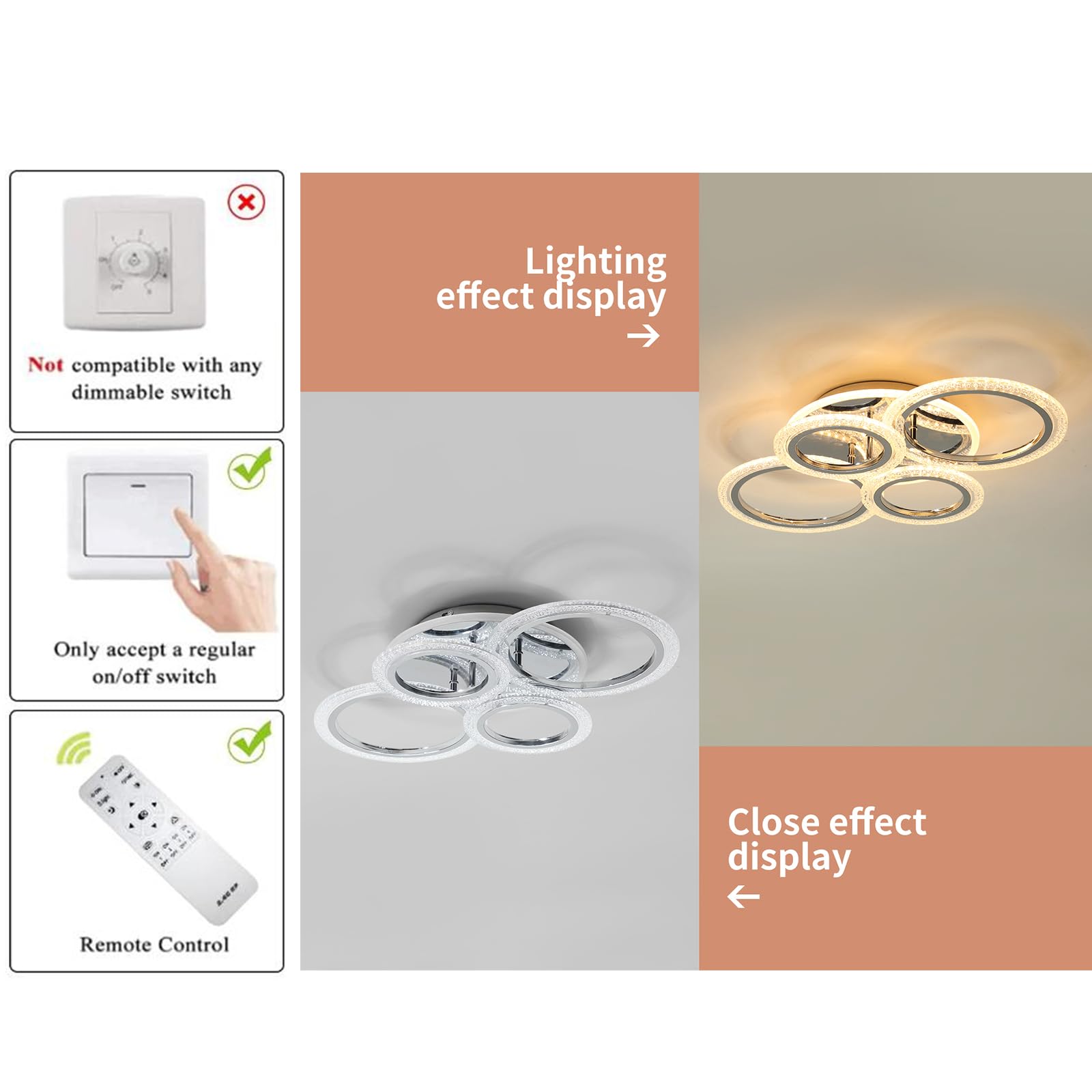 Garwarm Modern Ceiling Light 58W Dimmable LED Chandelier 22 in Acrylic 4-Round Chrome Model TGZL-6003N-300-4