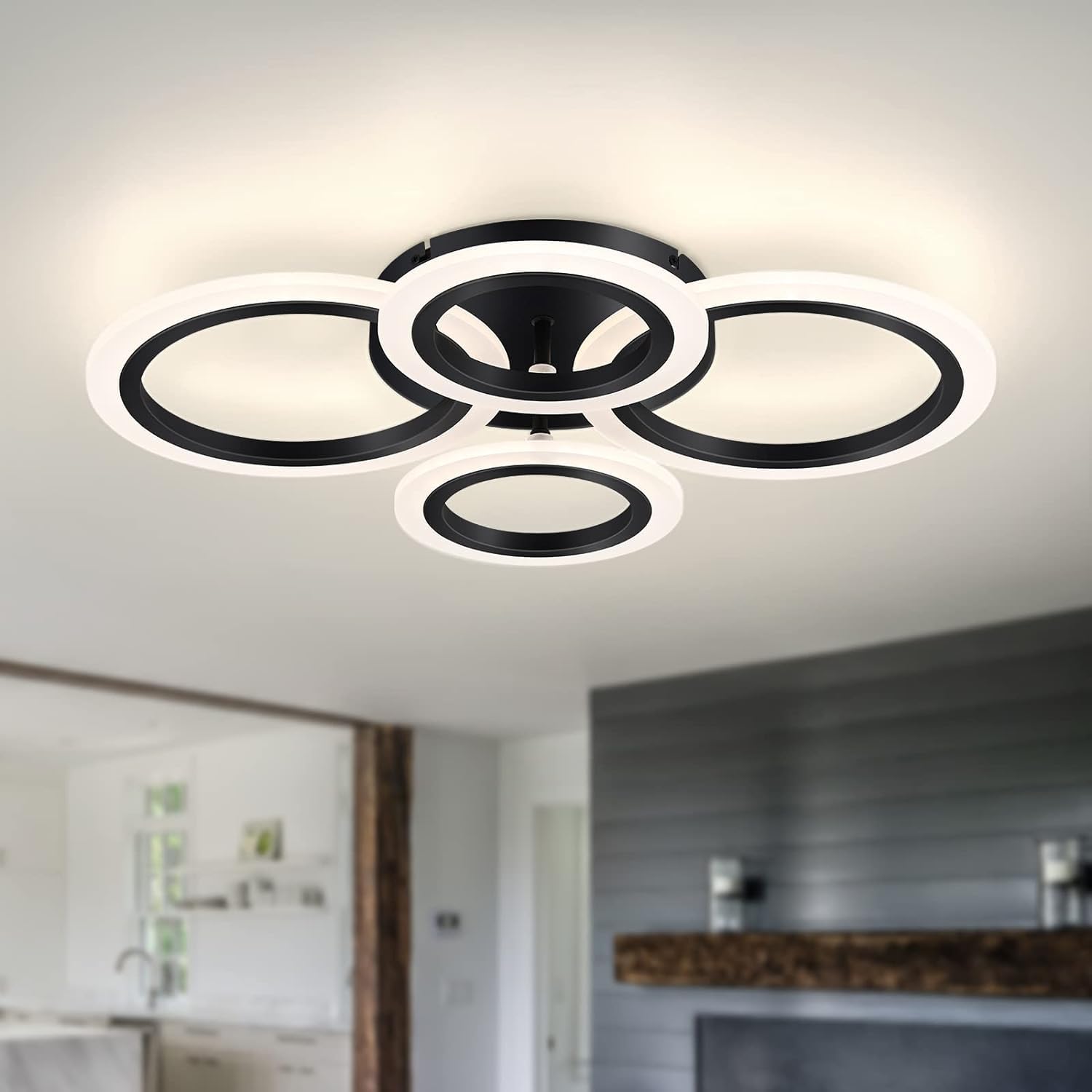 Vikaey Modern Led Flush Mount Ceiling Light, 4 Rings Led Black Close To Ceiling Light, Lighting Fixture Ceiling Lamp For Kitchen, Living Room, Bedroom, Laundry Room, 4000K Not Dimmable