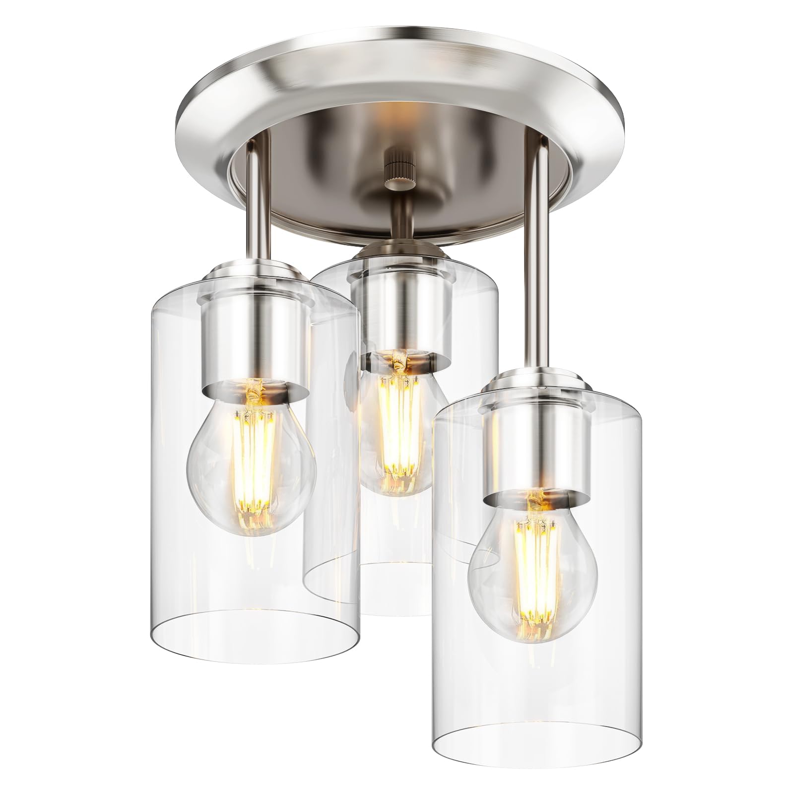 Semi Flush Mount Ceiling Light - 3-Light Ceiling Light Fixtures, Kitchen Lighting Fixtures Ceiling With Clear Glass Shades, Light Fixtures Ceiling Mount For Hallway, Foyer Entryway, Bedroom (Silvery)