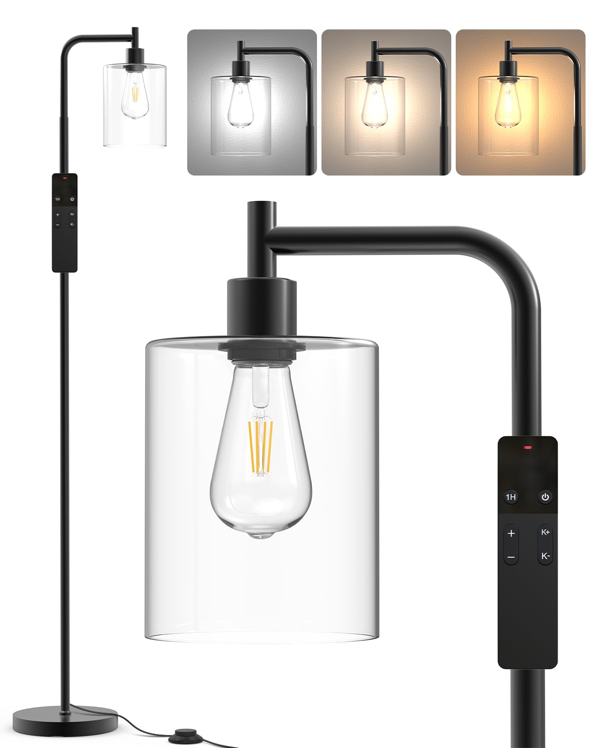 PAZZO Floor Lamp with Remote, Industrial Standing Floor Lamp with Glass Lampshade, Modern Floor Lamp Ideal for Living Room Bedro