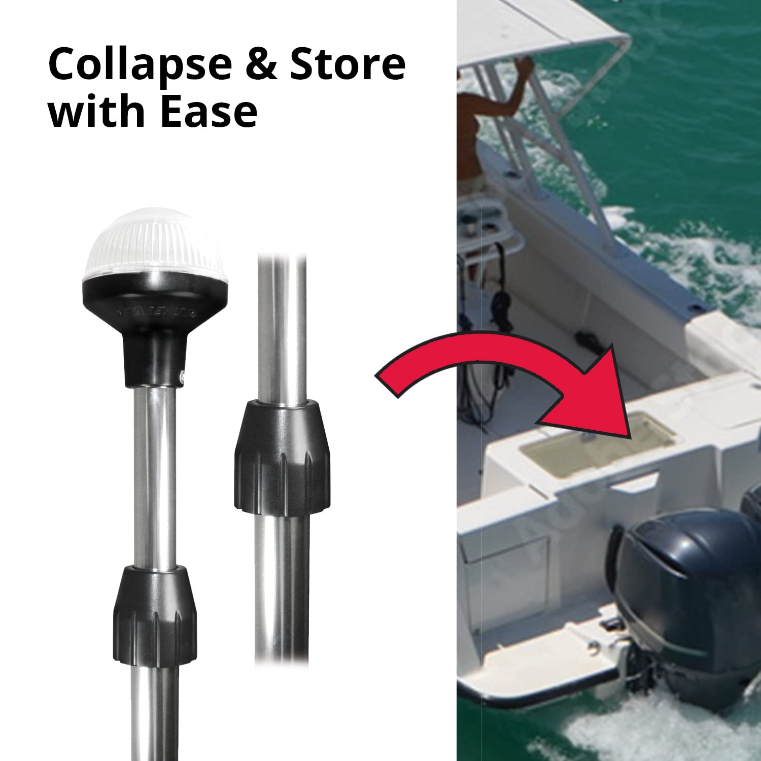 Seasense 26” - 48” Led Stern Light - Range Of 2 Nautical Miles - Easily Adjustable, Stowable Chrome Light For Boats, Kayaks, Canoes, Pontoons & Fishing Vessels Up To 39 Feet (Base Not Included)