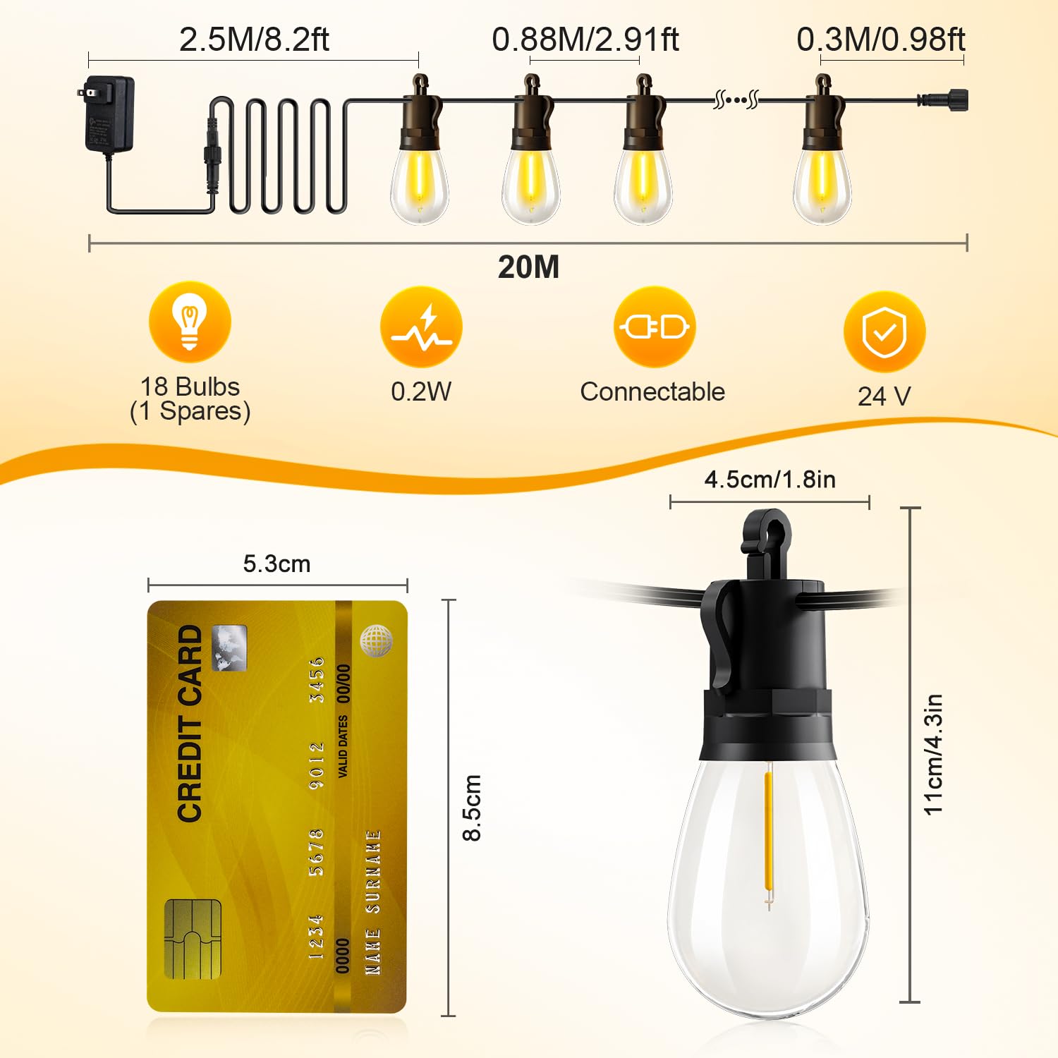 TBOSW Outdoor String Lights LED 20M/65ft with Remote Control, IP65 Waterproof, Model CMC-O18XA