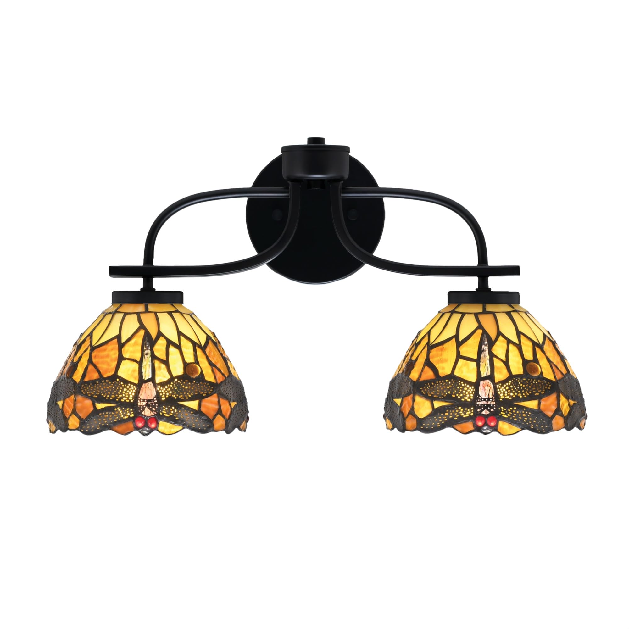 Cavella 2 Light Bath Bar In Matte Black Finish With 7" Amber Dragonfly Art Glass
