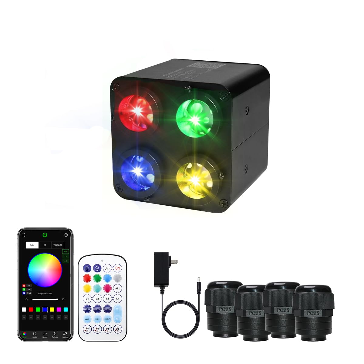 Azimom 4Color 36W Twinkle Fiber Optic Starlight Box  4Port Light Source Sound Activated Remote App Control For Home Indoor Ceiling Car Headliner Star Lighting Decoration