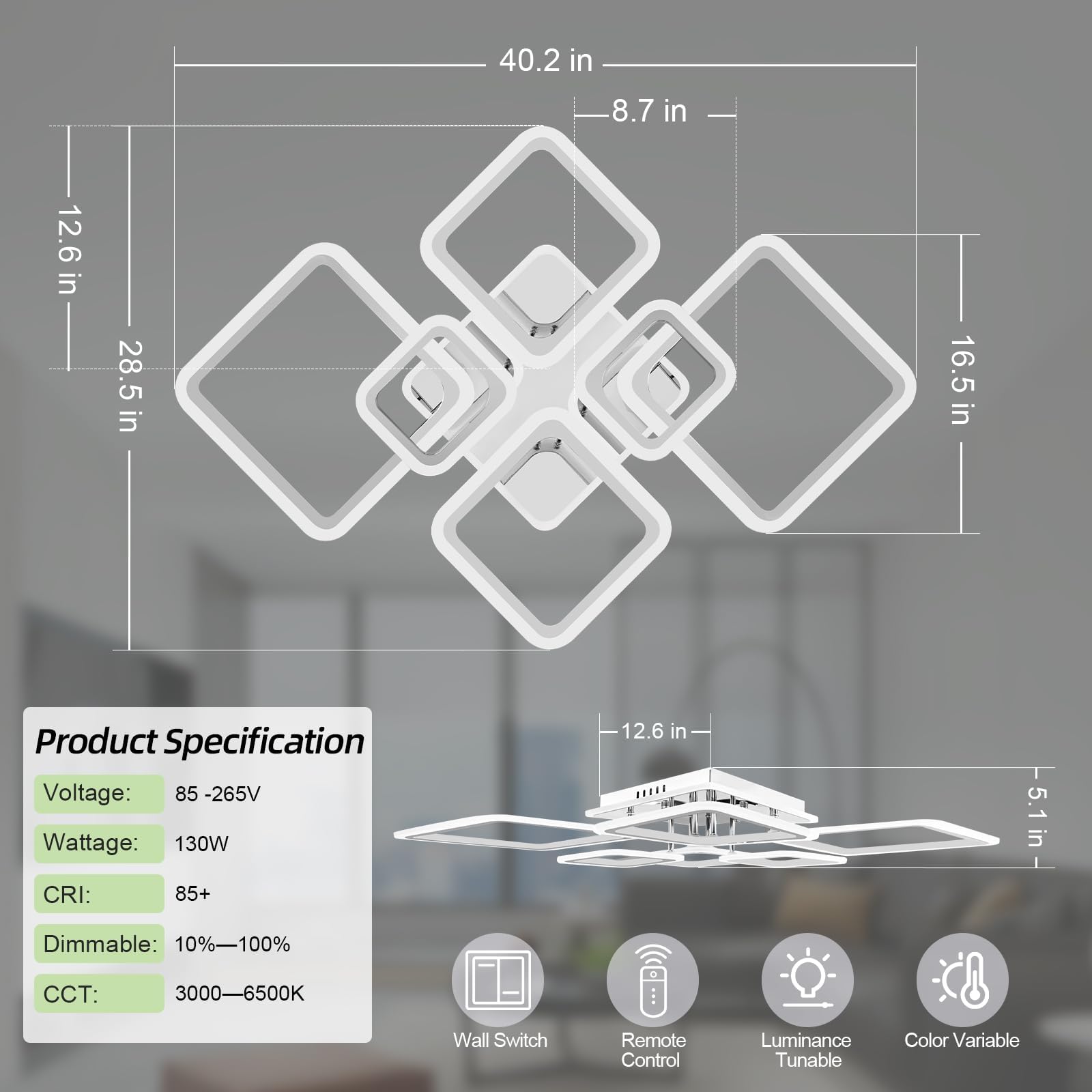SEABLE Modern LED Ceiling Light, 40.2'' Dimmable 7 Light Fixture, Chrome, Remote Control, Model SE-S005-7CH