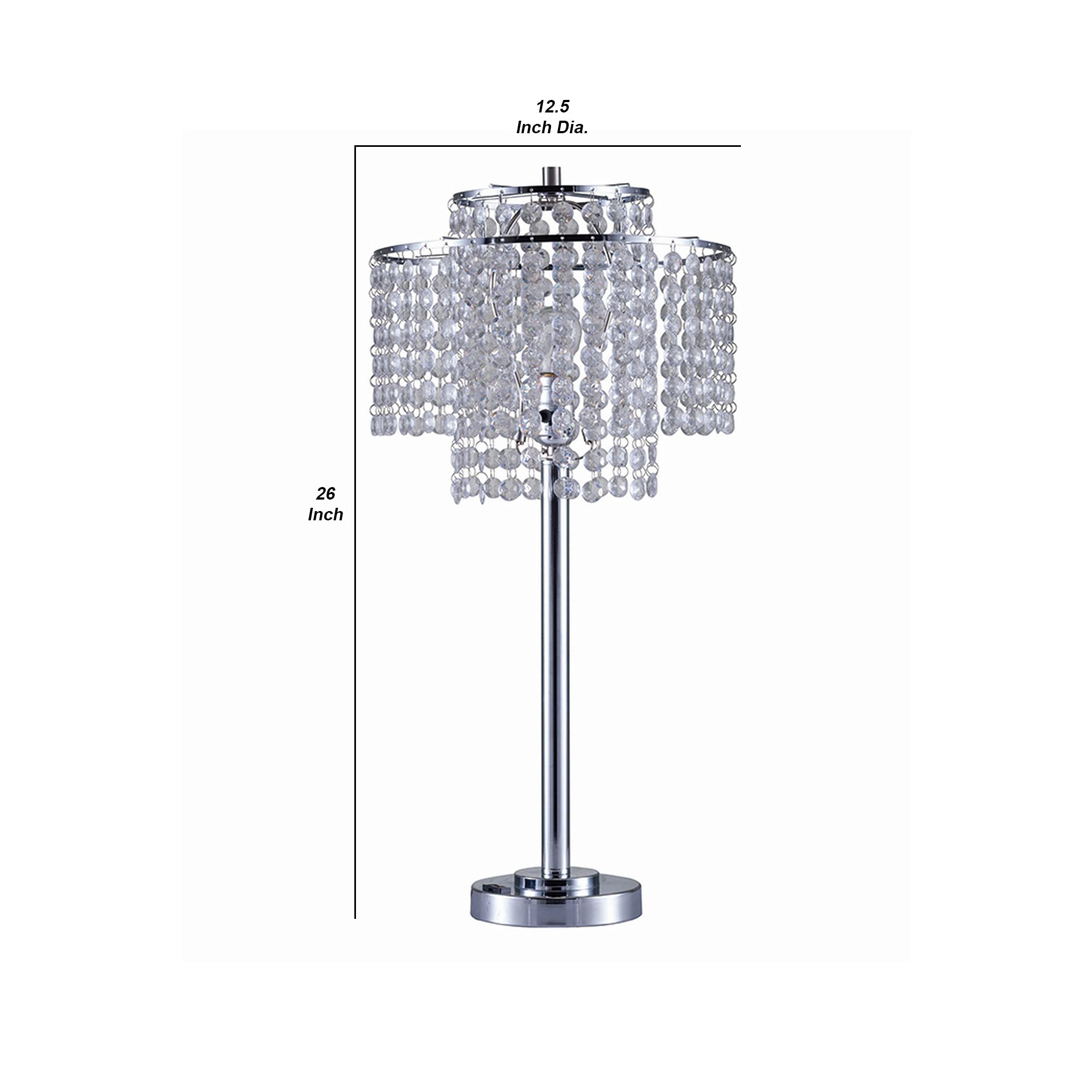Benjara Metal Table Lamp With Hanging Acrylic Beads And Usb Plugin, Silver