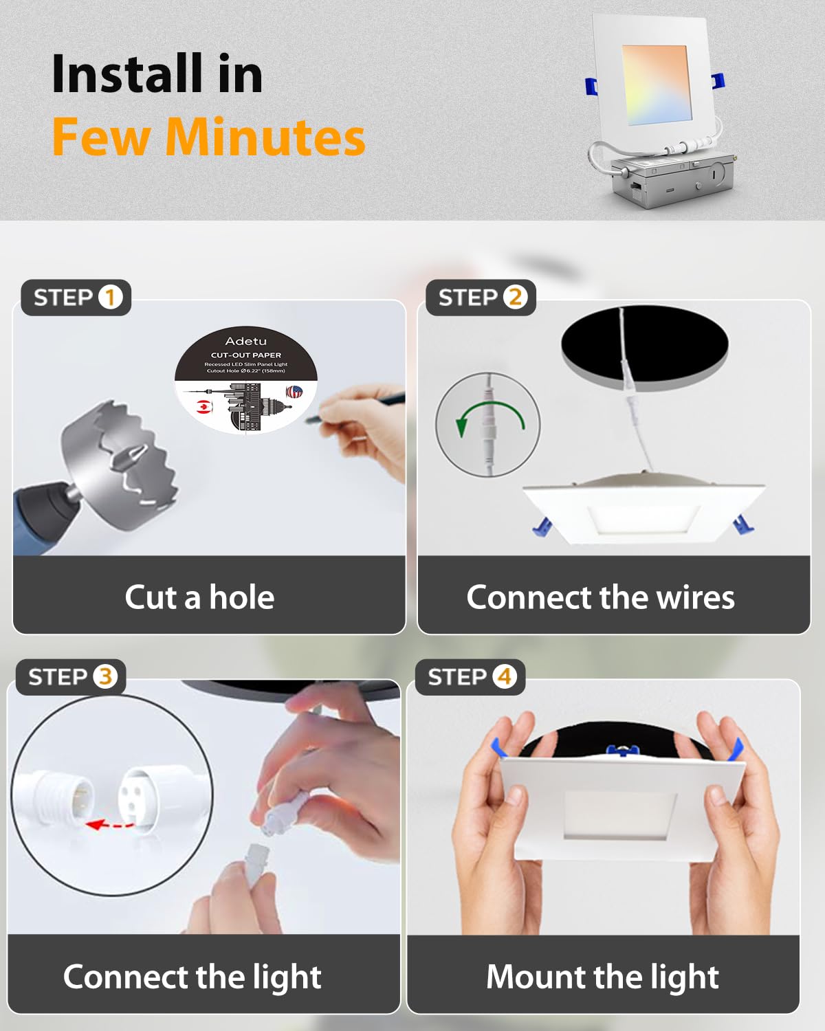 Adetu 12 Pack 6 Inch Square Led Recessed Lighting  5Cct Ultra Thin Square Led Ceiling Light With Junction Box  14W 1190Lm  Cri90  2700K-5000K Selectable Dimmable Canless Downlight  Etl And Energy Star