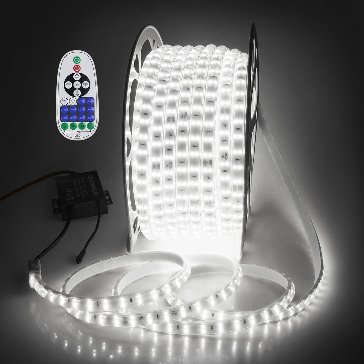 Aclorol LED Rope Light Waterproof 40M Double Row Cold White Dimmable with Remote Control for Outdoor AC110V-120V