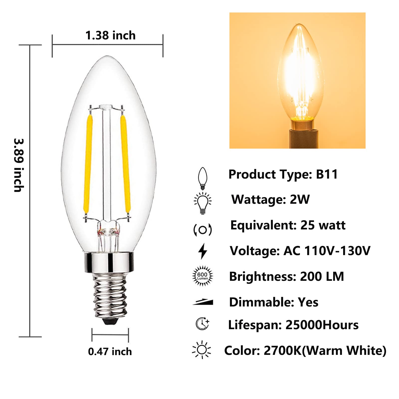 Beonllay 2W LED Candelabra Bulb, Dimmable 2700K Warm White, B11 Clear Glass, 12 Pack