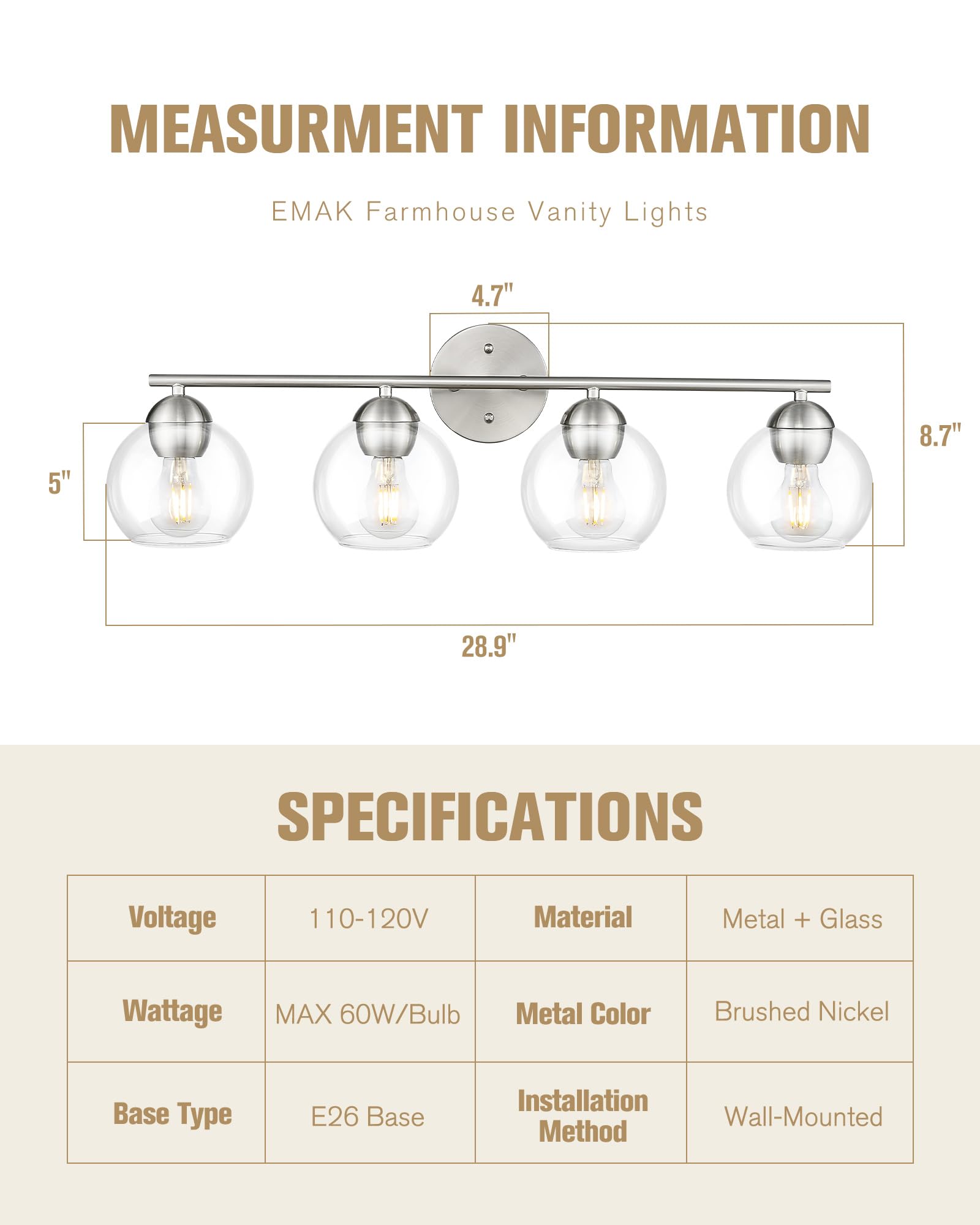 Emak Mak 4-Light Bathroom Vanity Light  29 Inch Brushed Nickel Bathroom Light  Globe Vanity Lighting With Clear Glass Shade For Bath  Vl114-Bn-4