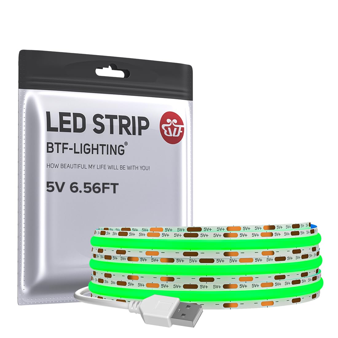 Btf-Lighting Fcob Usb Powered Green Color Cob Led Strip Lights 6.56Ft 640Leds 5V 8Mm Width 90+ High Cri Ultra Bright Flexible Light For 3D Printer Tv Backlight Display Cabinet Pc Diy Decor