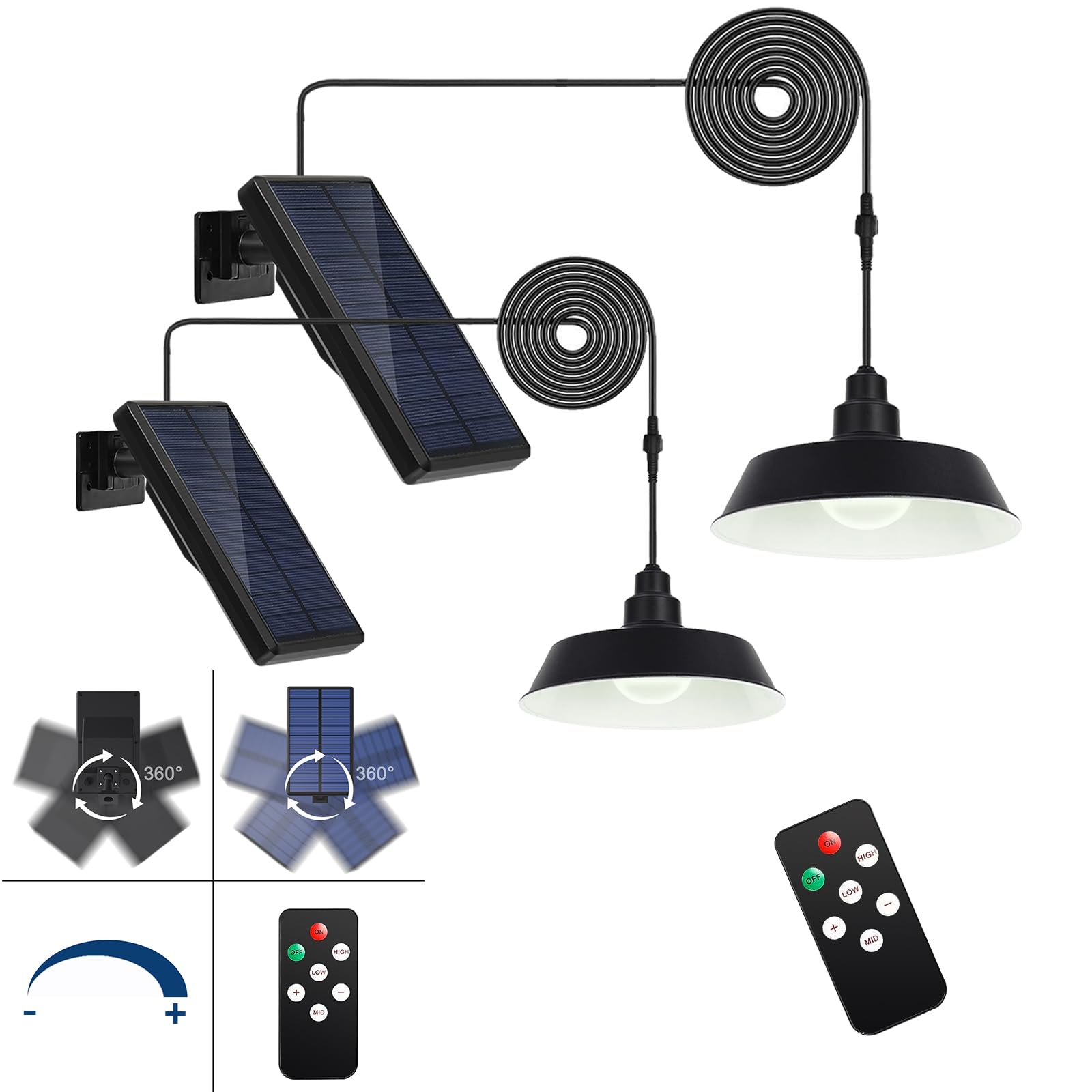 Guyulux Led Solar Pendant Lights, 2 Pack, 360° Adjustable, Remote Control, Ip65 Waterproof, Black, Model Yuu-T28