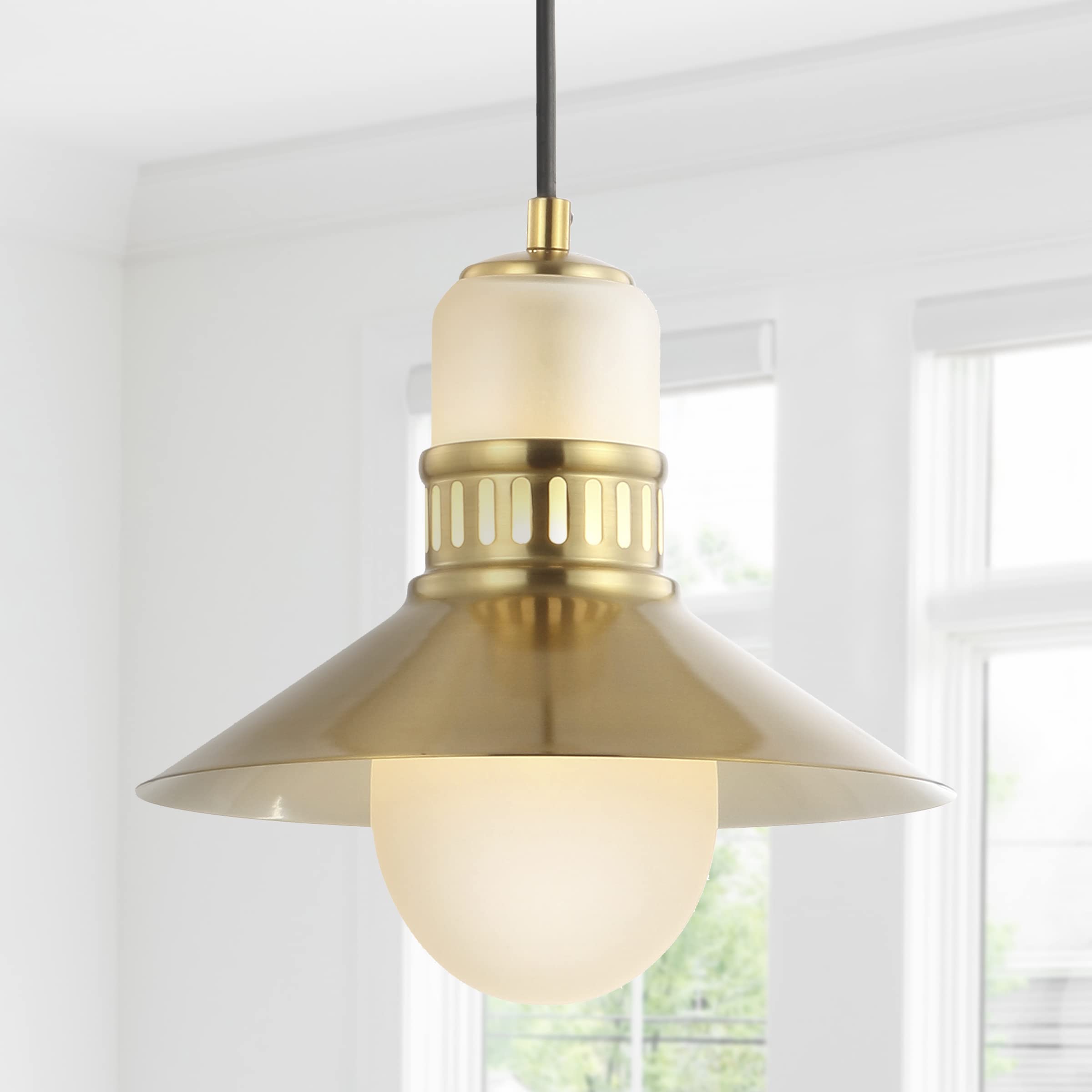 JONATHAN Y Colin 9.75" Adjustable Brass Gold Iron/Glass Pendant Light, Model JYL6120A, Dimmable for Dining Room, Kitchen, Living Room