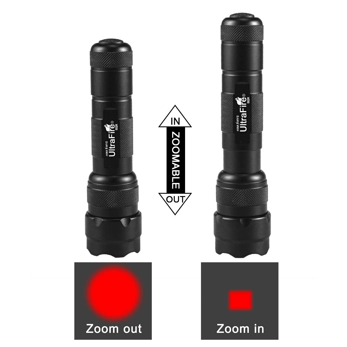 ULTRAFIRE WF-502R Red LED Flashlight, Zoomable, Adjustable Focus, Aluminum, Single Mode, 630nm, Hunting Light