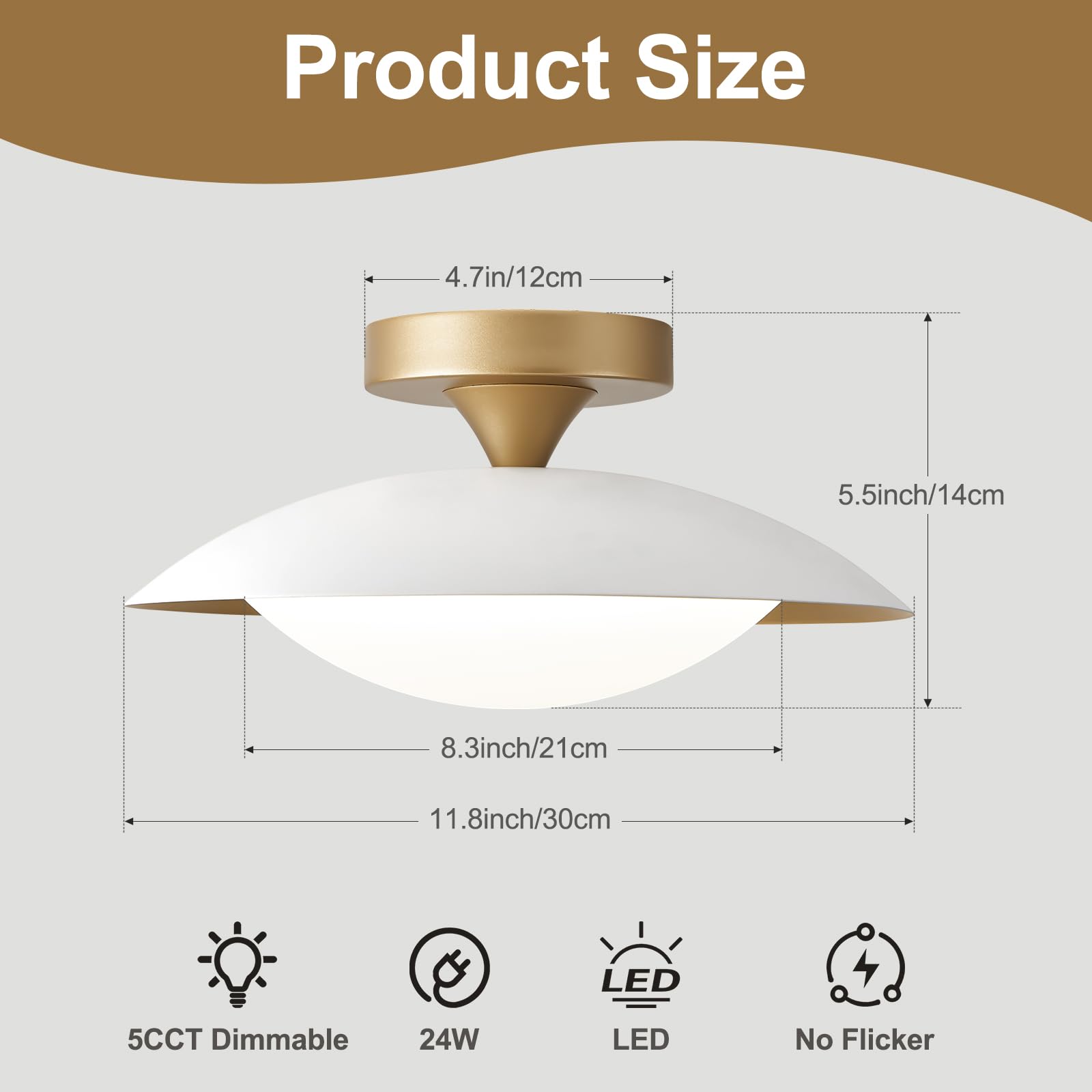 Dimmable Modern Mid-Century Ceiling Light, White And Gold Led Semi Flush Mount Ceiling Light, 5Cct 2700K-6000K Lighting Fixture Ceiling Lamp With Acrylic Shade For Bedroom Hallway Kitchen, 11.8In