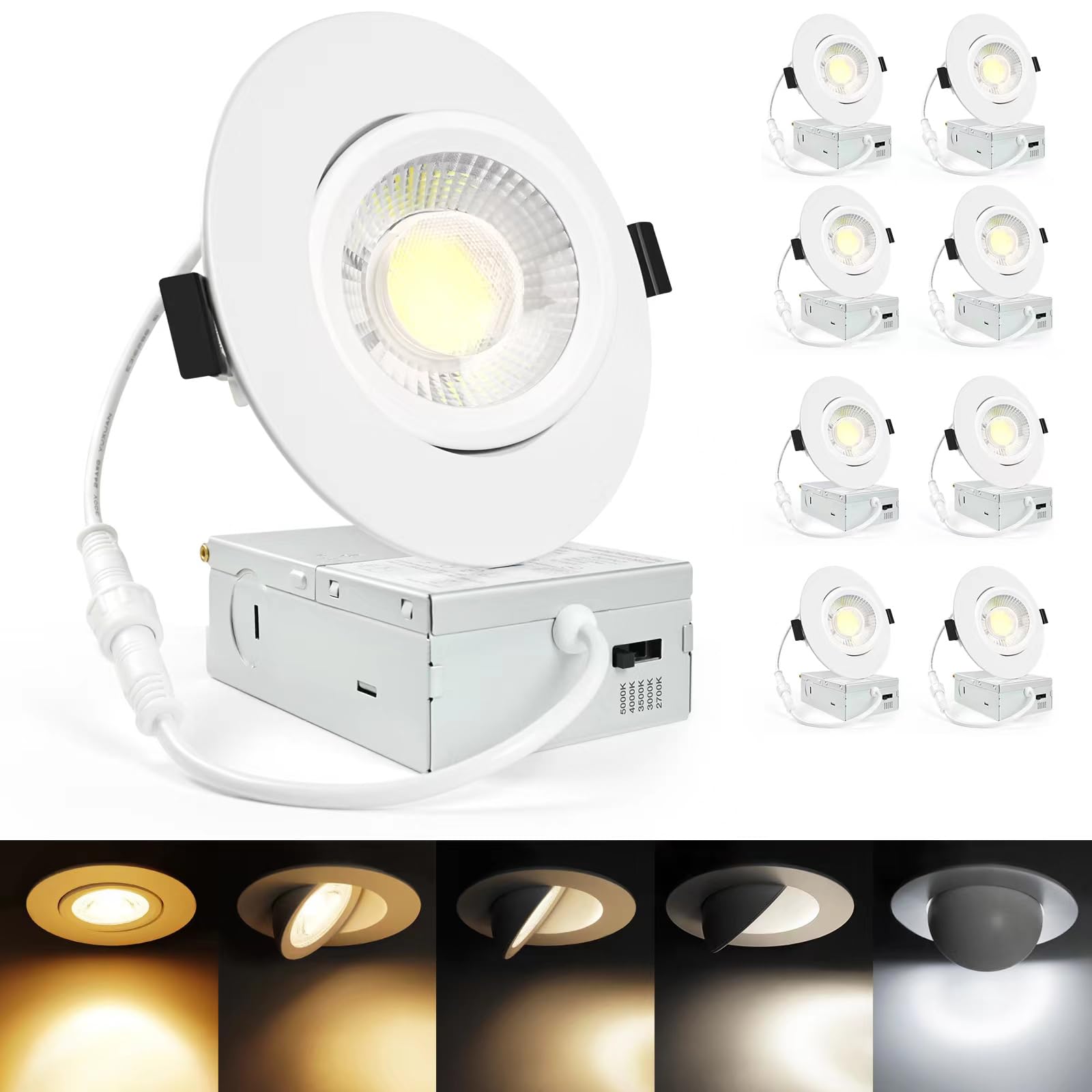 LTpro 4 Inch Gimbal LED Recessed Light, Dimmable 12W, Aluminum, 8 Pack, 2700K-5000K, Waterproof, COB-4inch