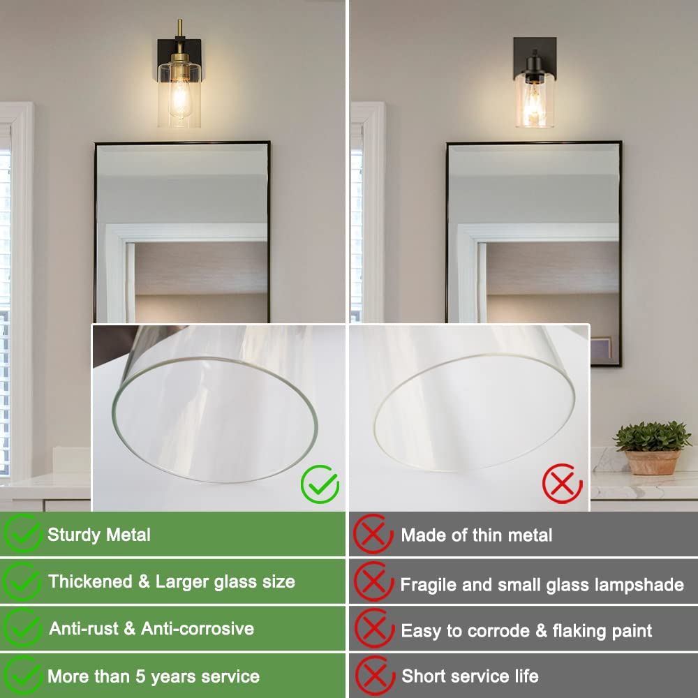 DSMJFU Wall Sconces Set of 2, Modern Glass Lighting, Hardwire, Clear, Black and Gold, Model DX23001Y-B&G