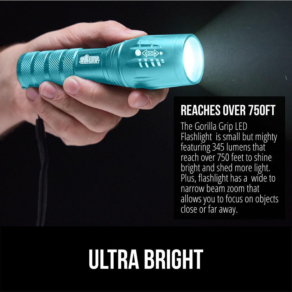 Gorilla Grip LED Tactical Handheld Flashlight - 750 FT Zoom, 5 Modes, Water Resistant, Ultra Bright, Turquoise, Model 840029670934