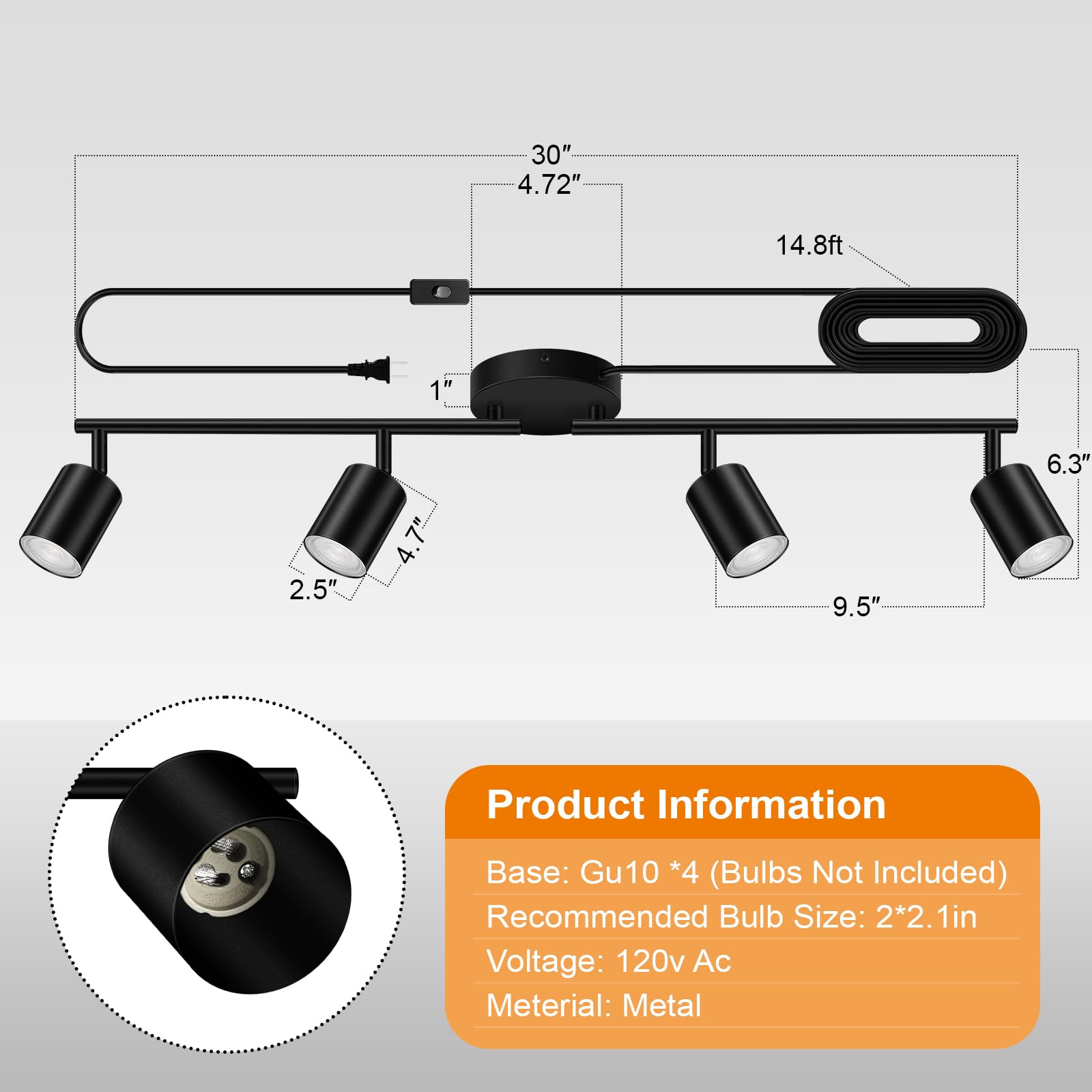 AUQUEE LED Track Lighting Fixtures - Black 4-Light Kit, Metal, Plug-in with 14.8ft Cord, Rotatable Ceiling Spotlight, Model C0105