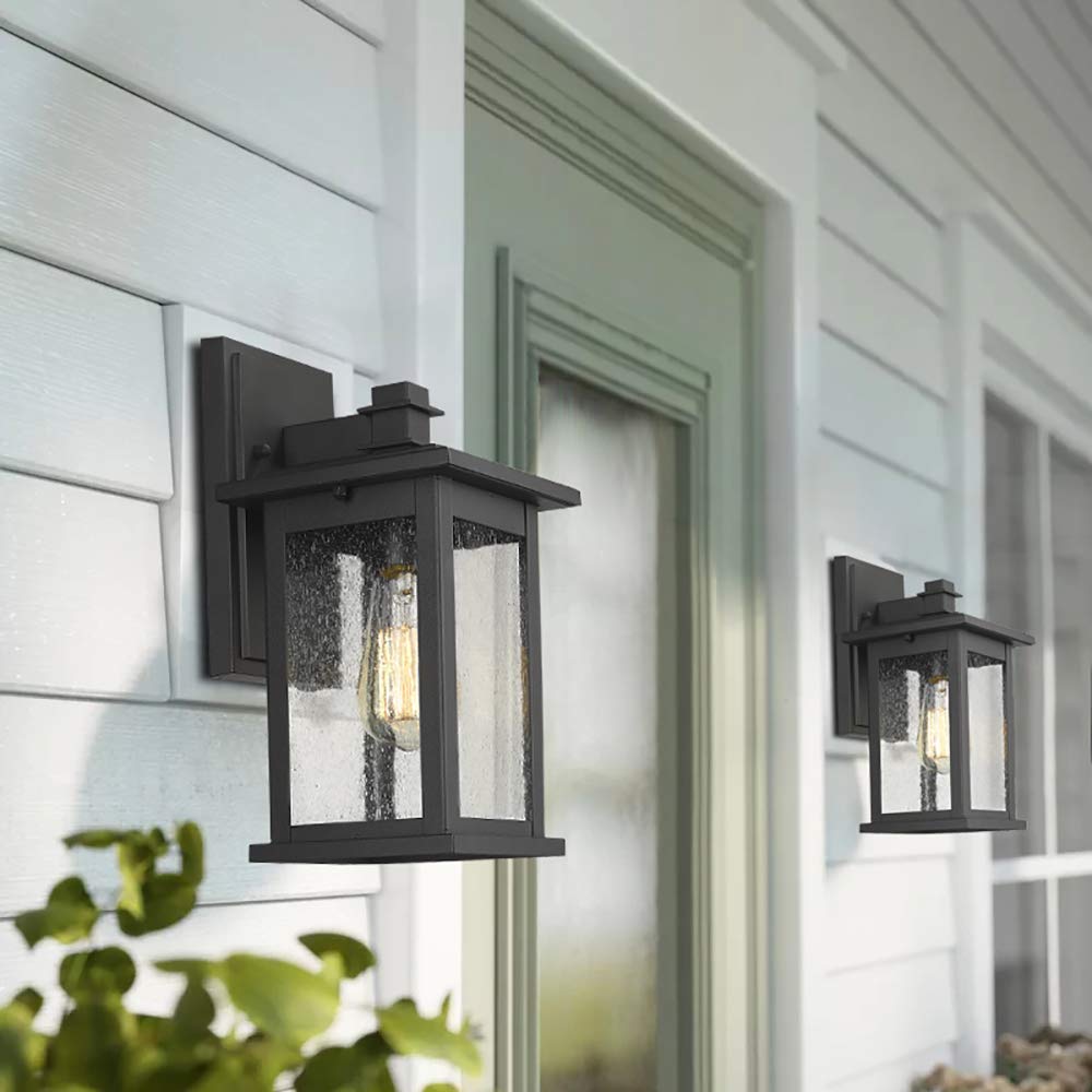 Emliviar 2 Pack Outdoor Wall Mount Lights, Black Lanterns With Clear Seeded Glass
