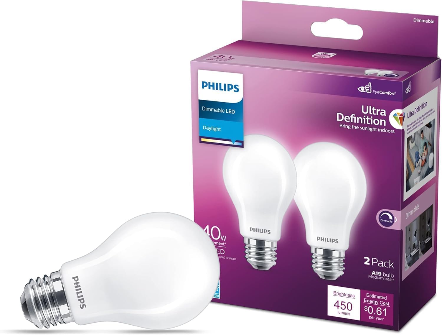 Philips Led A19 Frosted Ultra Definition Dimmable Led Light Bulbs - Flicker-Free 60W Light Bulbs With Eyecomfort Technology -Day
