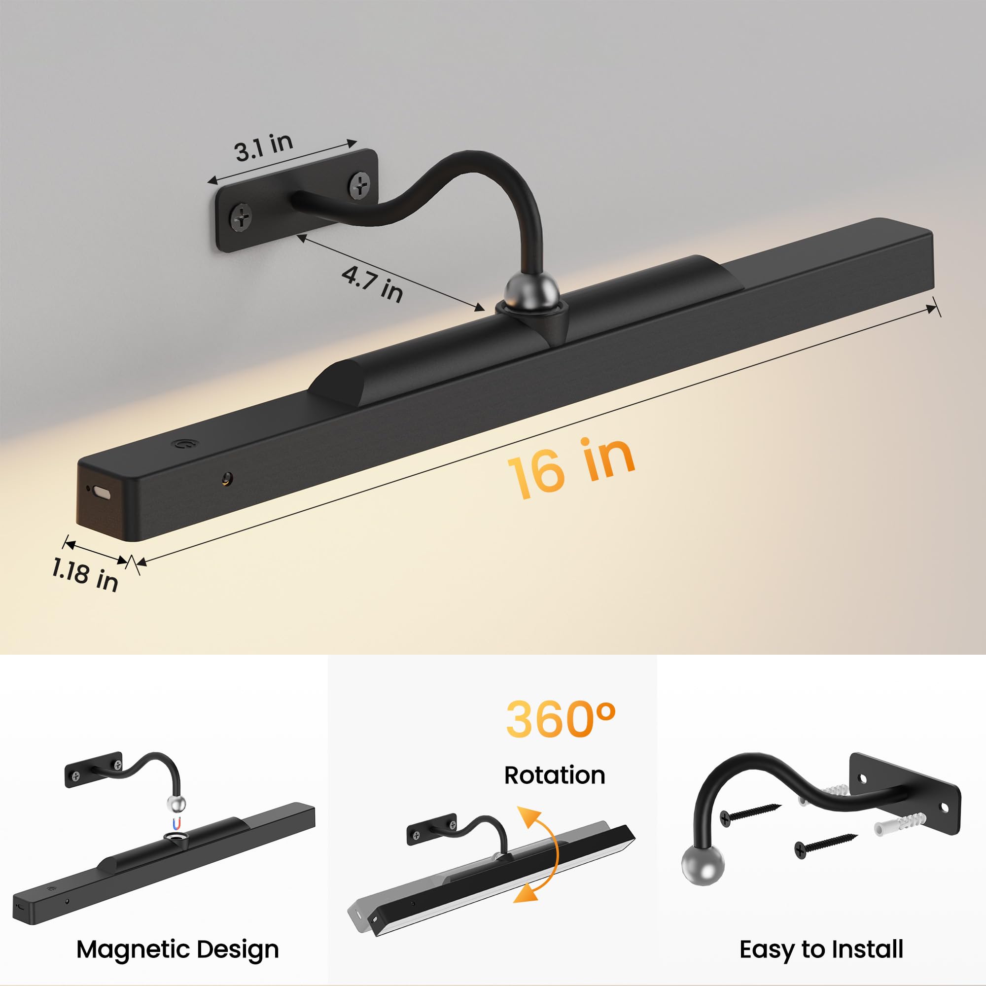 Craftersmark 2 Pack Picture Light - 16in Battery Operated Art Light, Remote Control, Timer, Black, Metal for Wall Display
