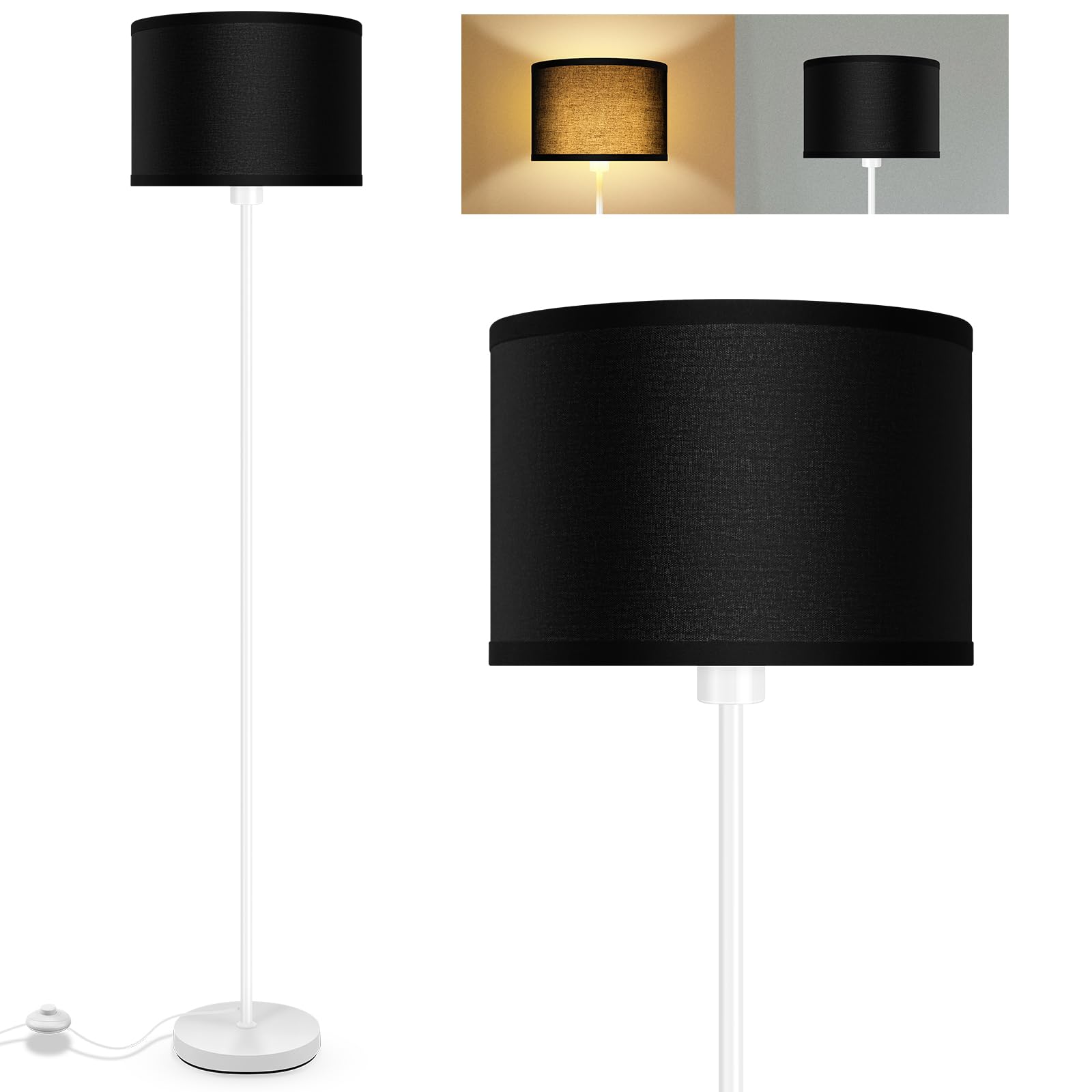Floor Lamp White  Standing Lamp  58  Tall Floor Lamp With Black Lampshade  Foot Pedal Switch  Modern Bright Floor Lamps For Living Room/Bedroom/Classroom/Kids Room  White Lamp For Girls  Gift(No Bulb)