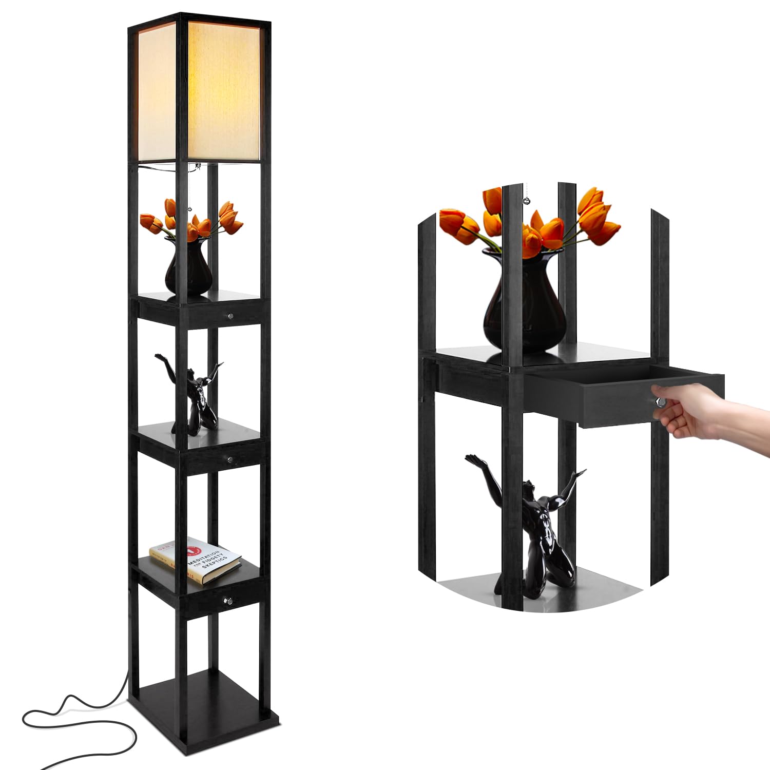 Brightech Maxwell Drawer Edition Floor Lamp - Modern Shelf Design for Living Room, Bedroom, Office - Classic Black