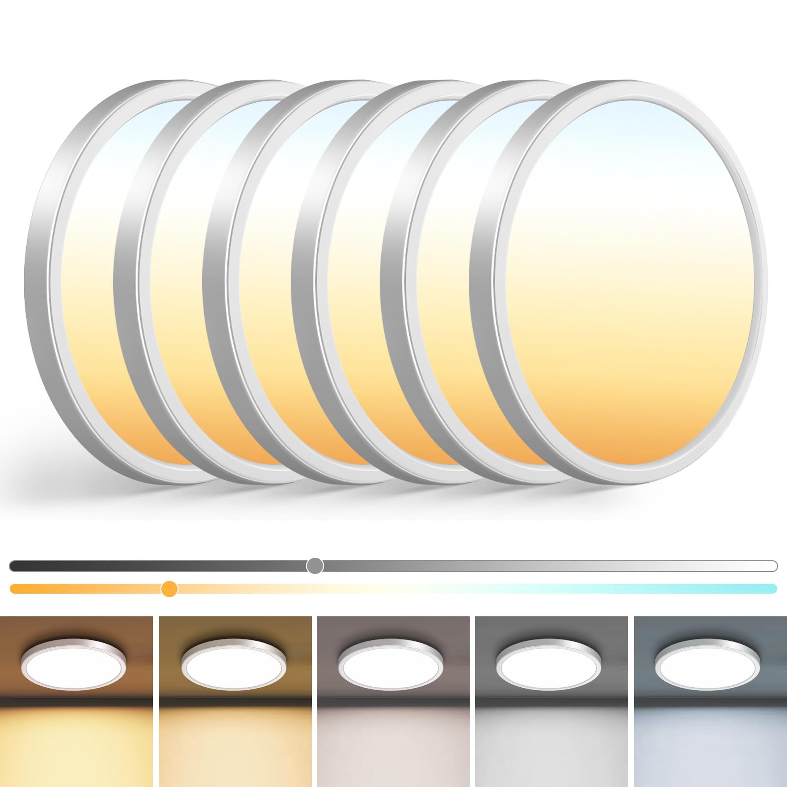 zemty 7 Inch White LED Ceiling Light Fixture, 15W 1500LM Adjustable Flush Mount, 6-Pack, Model CL54DA-6-WT