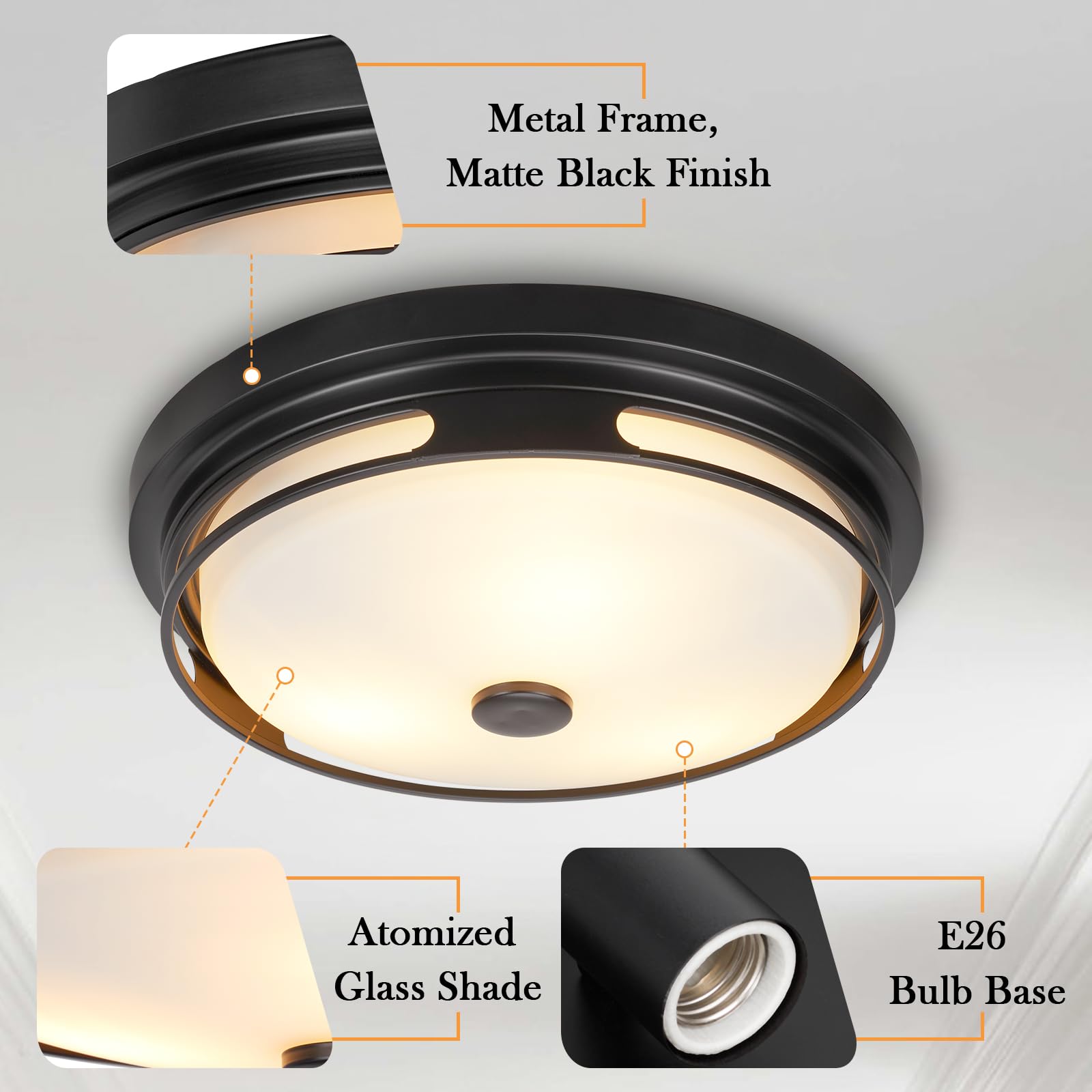 Rosient Flush Mount Ceiling Light Fixture - Modern Farmhouse, Seeded Glass, ROS90, Black