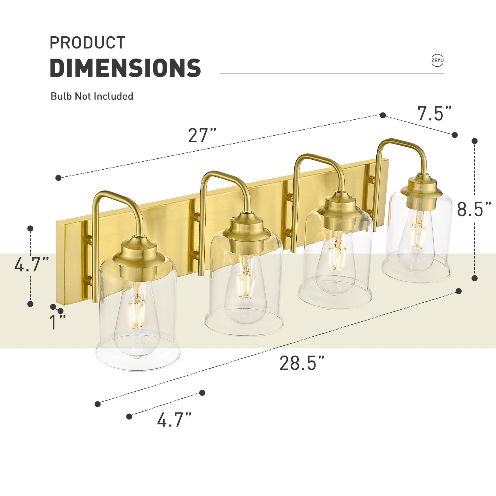 zeyu 4-Light Brushed Gold Vanity Light, Modern Metal Wall Sconces with Clear Glass Shade, Model ZSL72B-4W BG