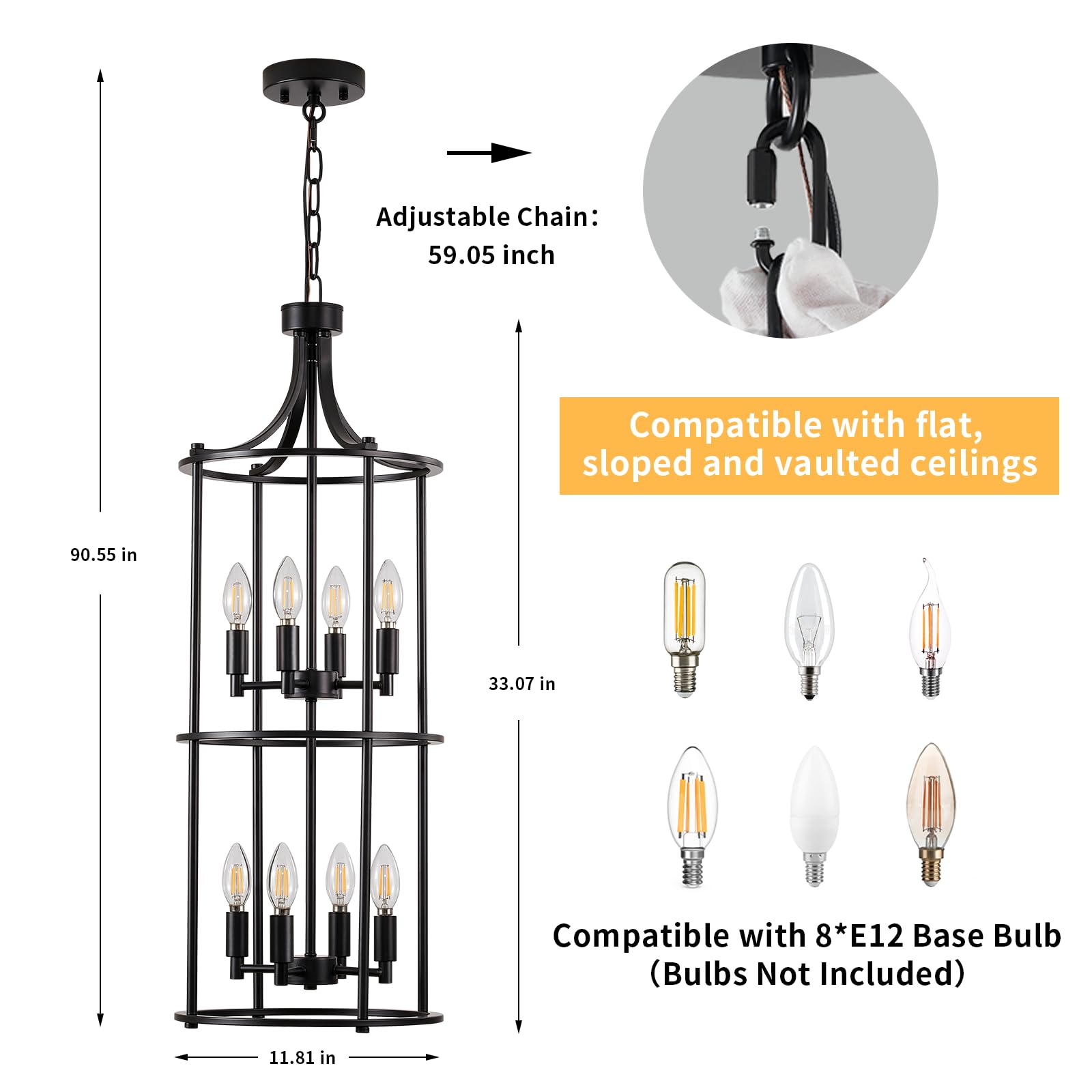 MIAYBPH Black 8-Light Lantern Tiered Chandelier, Metal Modern Farmhouse Pendant Light for High Ceilings, Kitchen, Entryway, Living Room