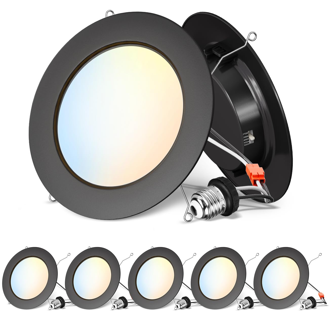 Anwio Recessed Lighting 6 Inch Black  5Cct 9W 1000Lm Flat Retrofit Led Recessed Lights Can Needs  2700/3000/4000/5000/6000K Selectable Can Lights Cri 80+ Dimmable E26 Base Ic Rated & Etl 5 Pack