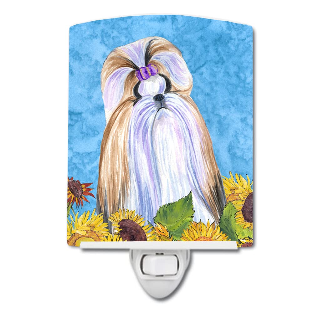 Caroline'S Treasures Ss4234Cnl Shih Tzu In Summer Flowers Ceramic Night Light Compact, Ul-Certified, Ideal For Bedroom, Bathroom, Nursery, Hallway, Kitchen, 6X4X3, Multicolor