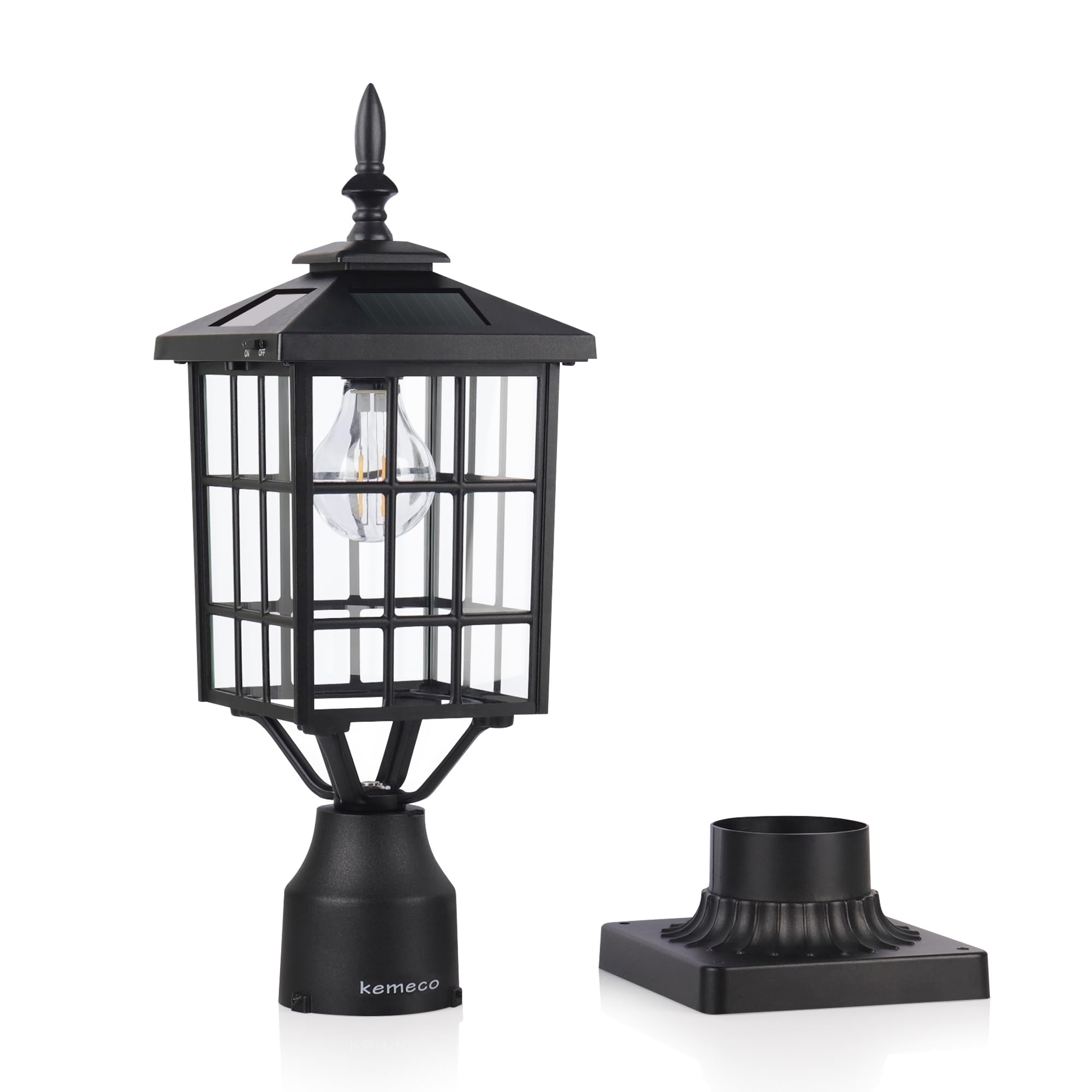 Kemeco Solar Post Light, Outdoor LED Fixture, 3in Pier Mount Base, Black, Model 4224, Metal Construction