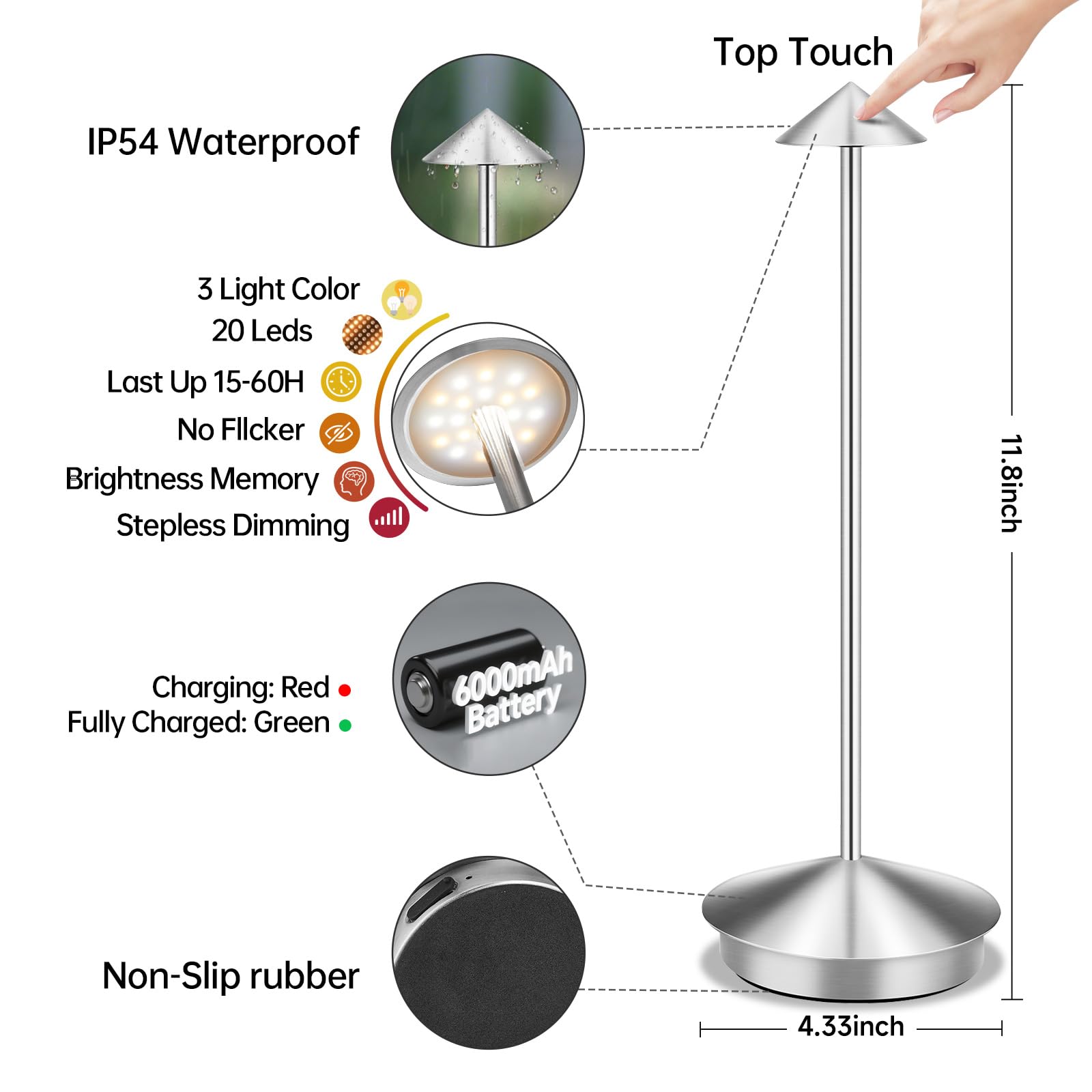 XMINKDZA Portable LED Table Lamp 2 Pack, Rechargeable 6000mAh, Dimmable, IP54 Waterproof, Silver, Aluminum, Model XDJDSJBBM
