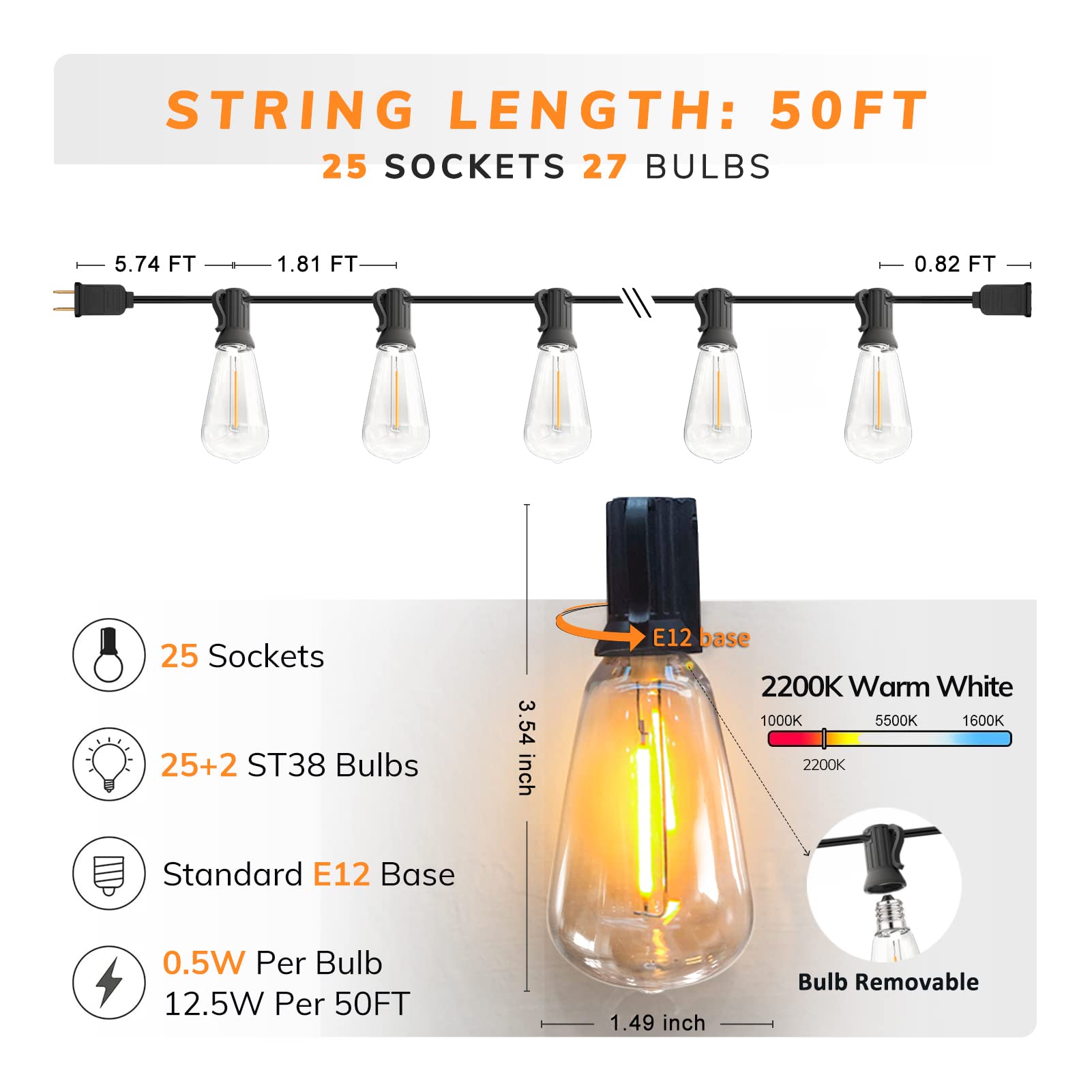 Achin Outdoor String Lights 50ft LED Dimmable ST38 Warm Waterproof with 25 Shatterproof Bulbs Black