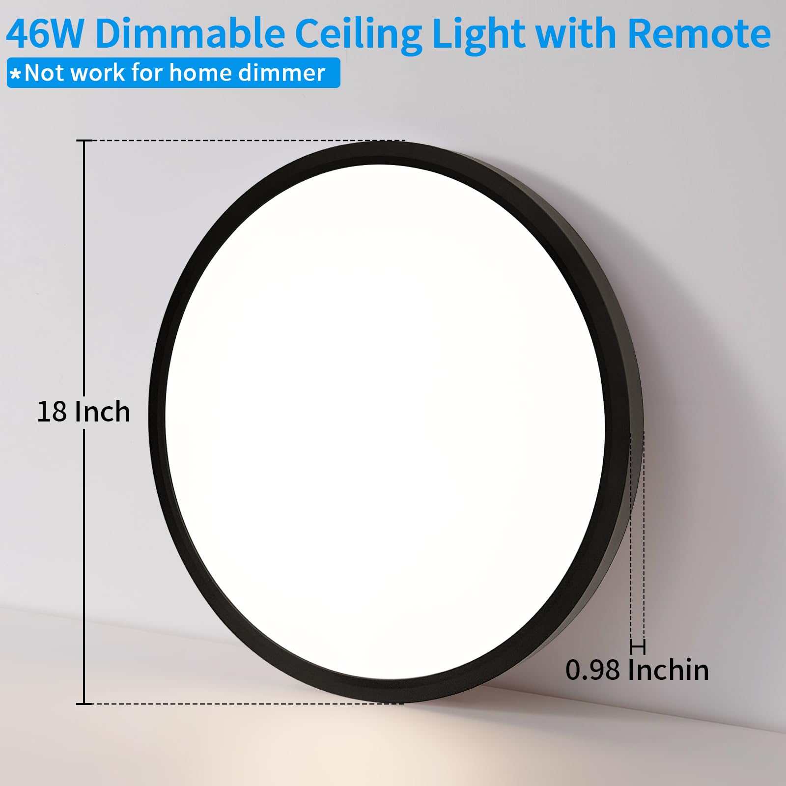 HOVENLA 18" LED Flush Mount Ceiling Light - 46W Dimmable, 4600lm, Adjustable 3000-6000K, Black, Model LT1451-T